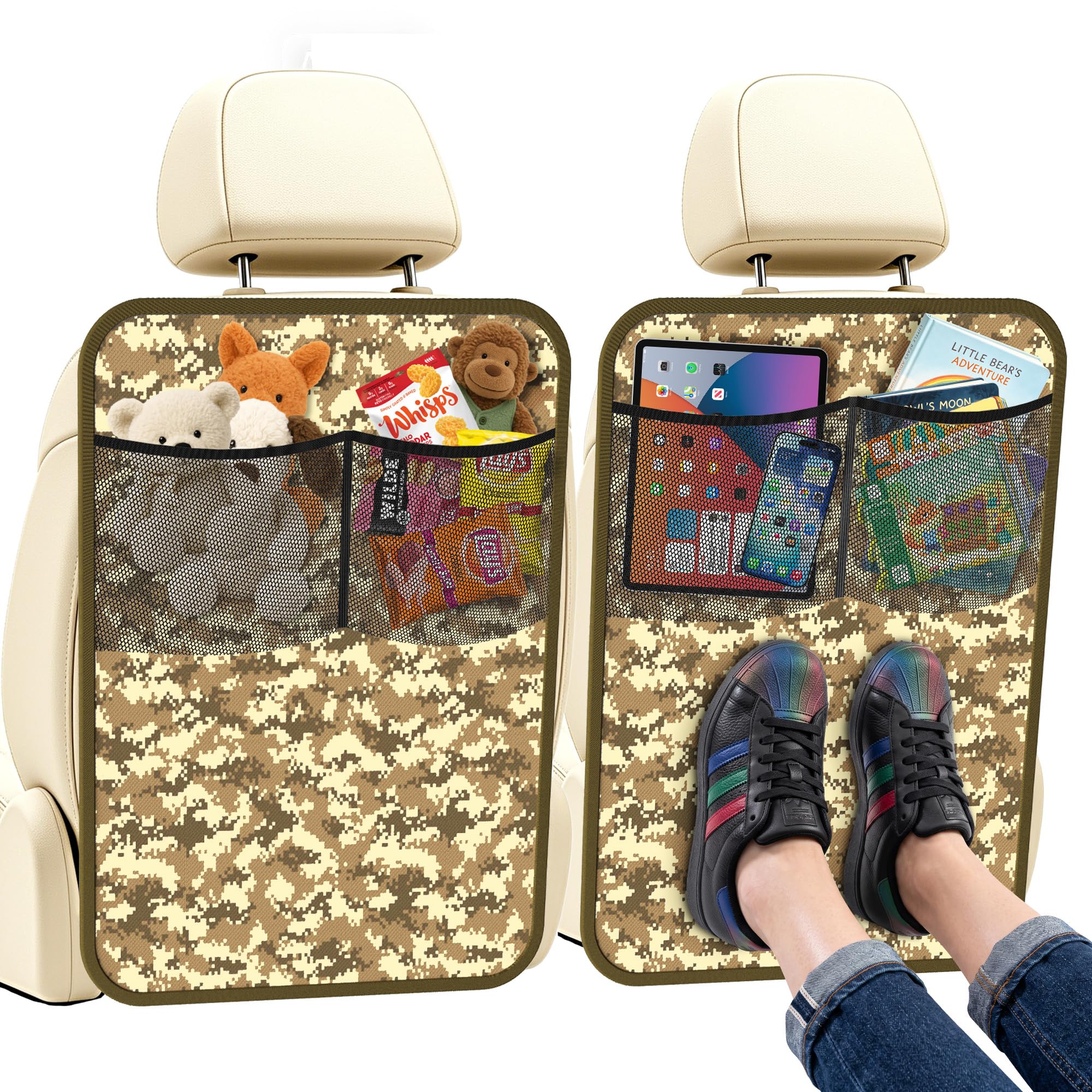 2 Pack Back Seat Cover for Kids with 2 Pocket Storage Organizer Camouflage