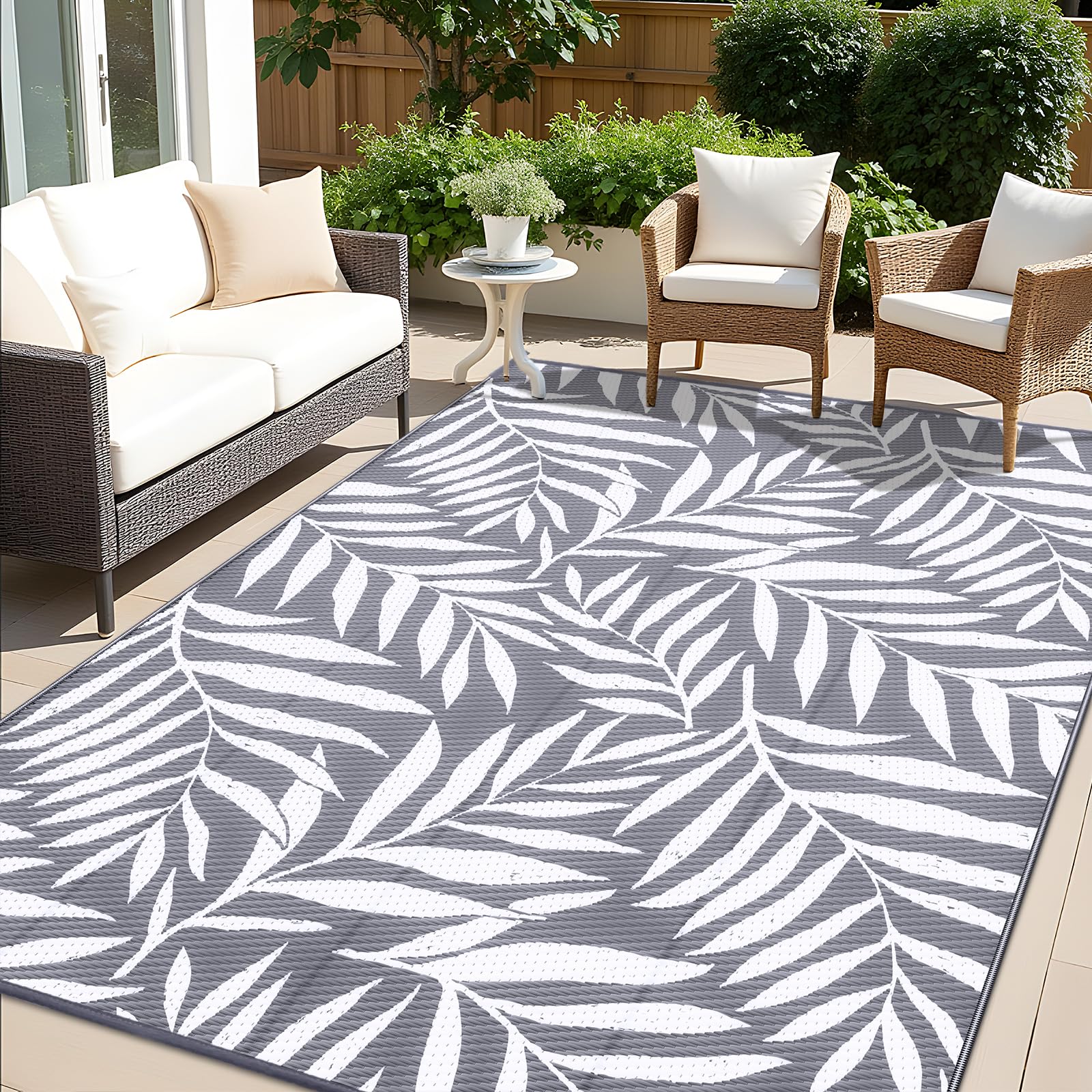 OLANLY Waterproof Outdoor Rug 9x12 ft, Reversible Outdoor Plastic Straw Rug with Leaf Pattern, RV Mat, Indoor Outdoor Carpet for Patio, Camping,