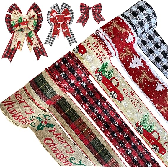 Amazon.com: 6 Rolls/30 Yards Christmas Ribbon Wired Burlap Ribbon Multi-Color Plaid Ribbon for 