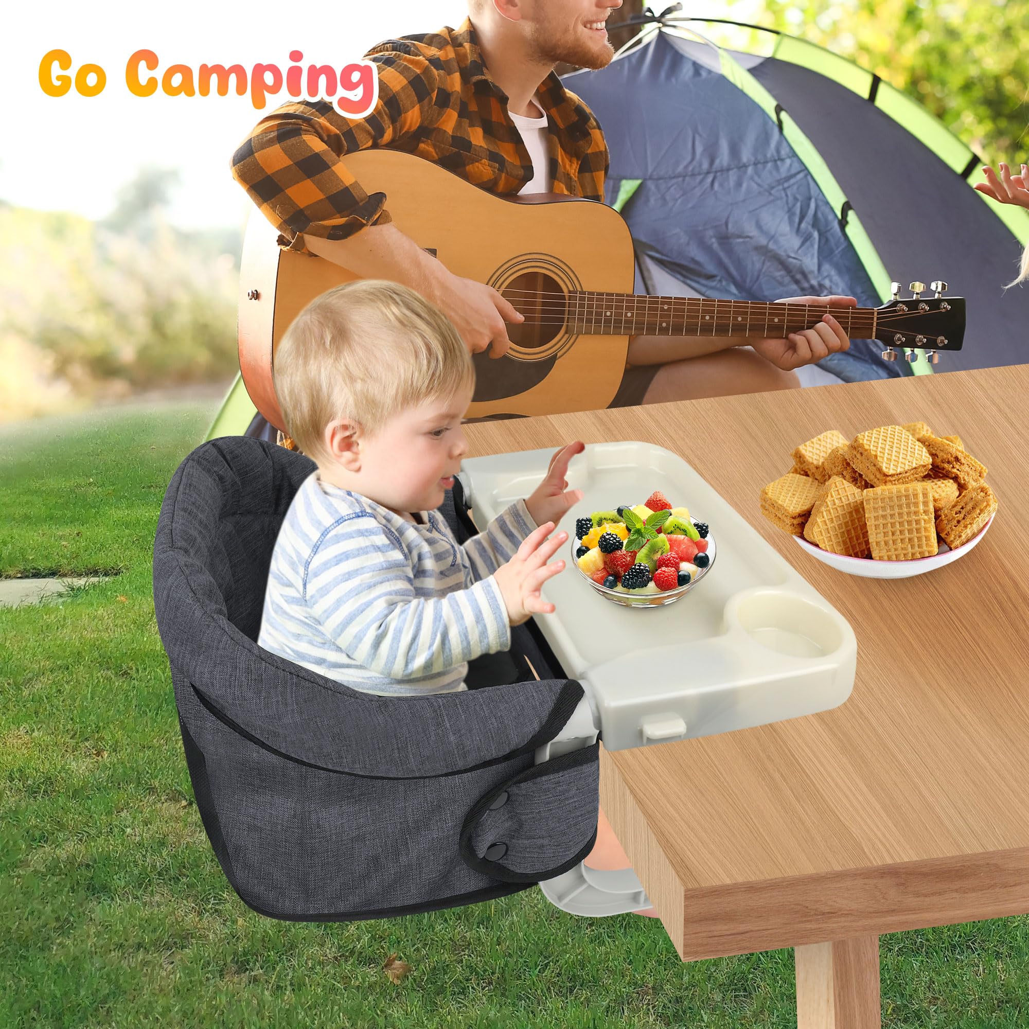Toogel Silla de Mesa para Bebé con Bandeja Extraíble, Trona Portátil con Correas de Seguridad, Asiento de Mesa Infantil con Bolsa de Transporte para Casa y de Viaje (Gris)