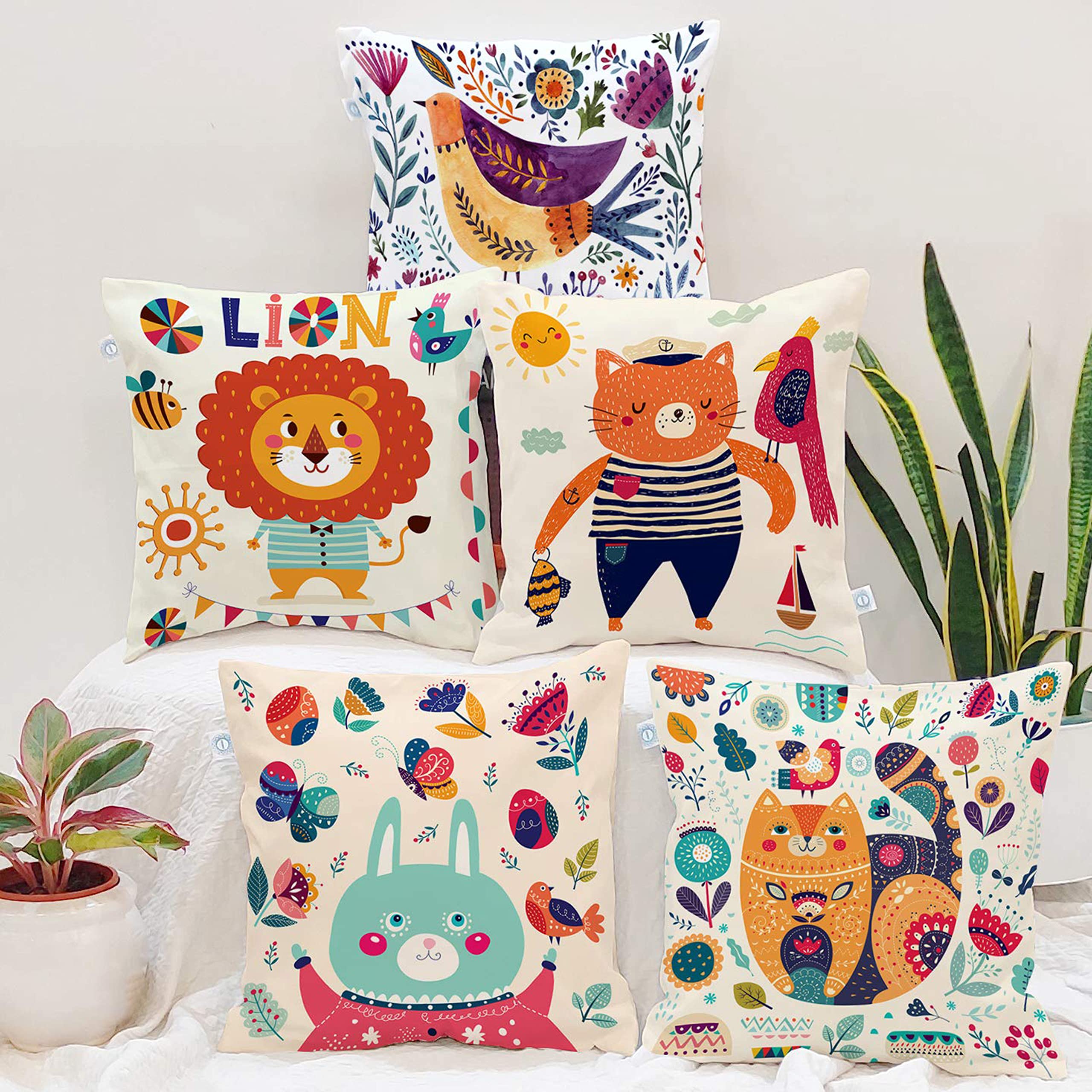 STITCHNEST Animal Prints Series Poly Cotton Square Cushion Covers, Yellow,Blue and Red,Set of 5 (16 x 16 Inches with Filler) (B07T9SH1FJ) Amazon Price History, Amazon Price Tracker