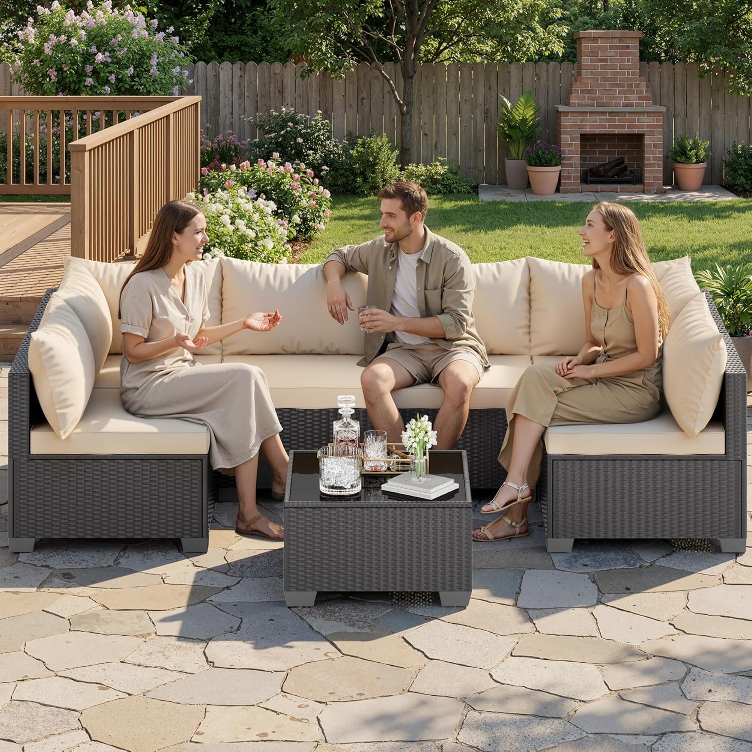 Skyfish 7 Pieces Patio Furniture Sofa - Outdoor Sectional Wicker Rattan Furniture with Cushion and Glass Table Patio Conversation Sets for Porch Poolside Backyard Outdoor Sofa Set Modular Sofa
