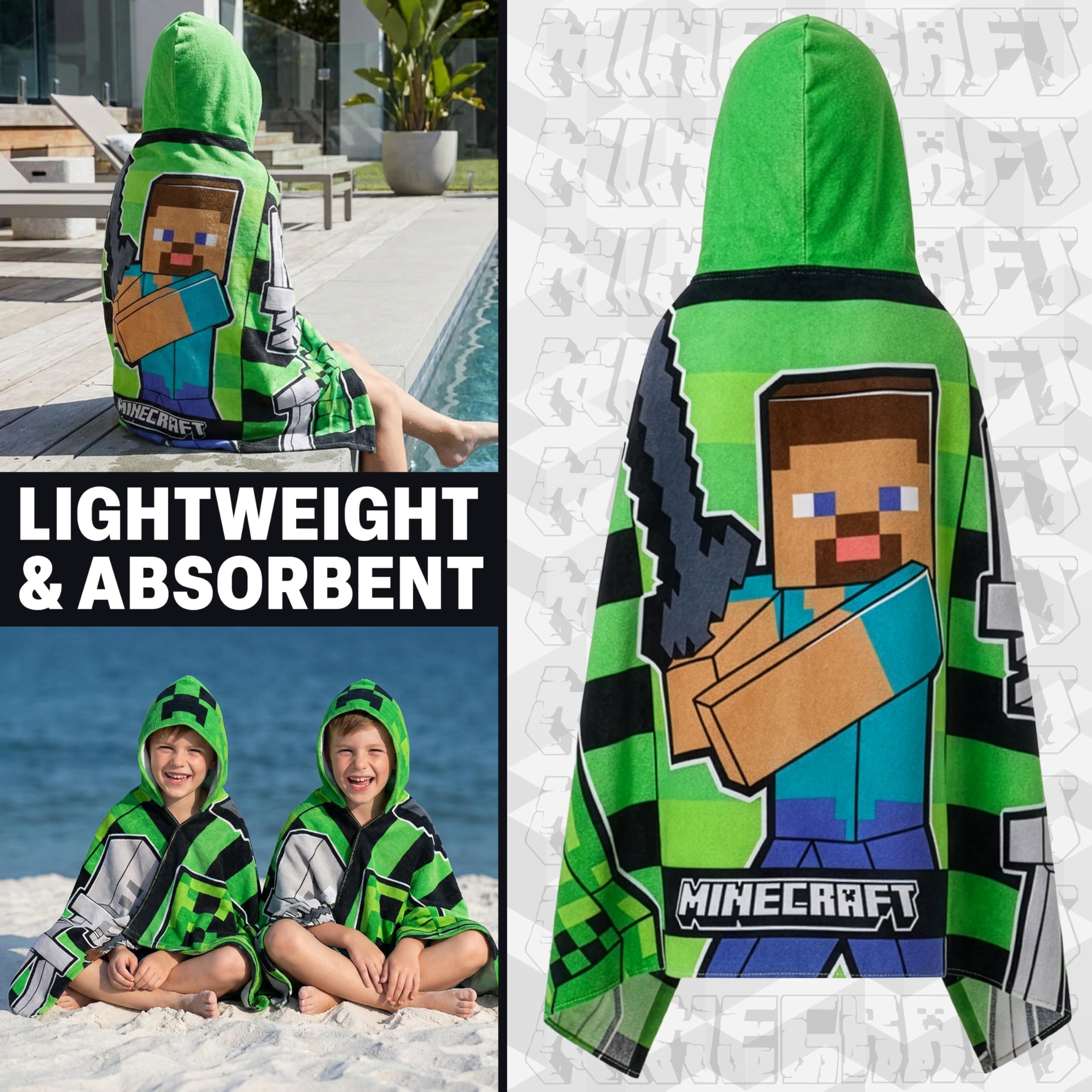 Minecraft Asciugamani Bagno con Cappuccio Asciugamano Doccia Ragazzi Creeper Accappatoio Poncho Bambino Telo Mare Bambini Idee Regalo (Verde/Nero, 6-14 Anni)