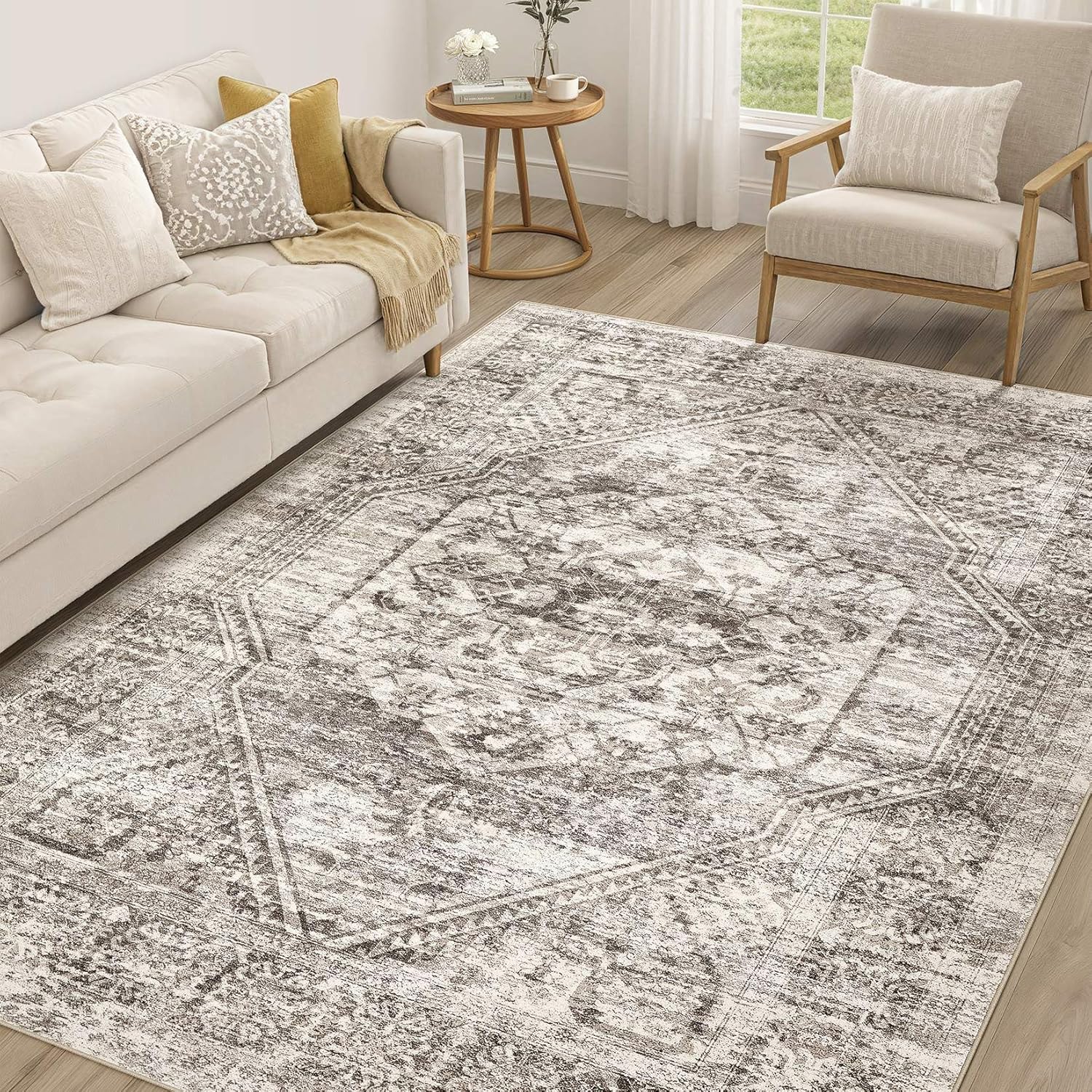 Vintage Living Room Area Rug 5x7 - Large Soft Washable Oriental Traditional Distressed Farmhouse Rugs for Bedroom - Indoor Floor Accent Carpet for Home Office House Decor - Distressed Brown Distressed Brown 5' x 7' (Rectangular)