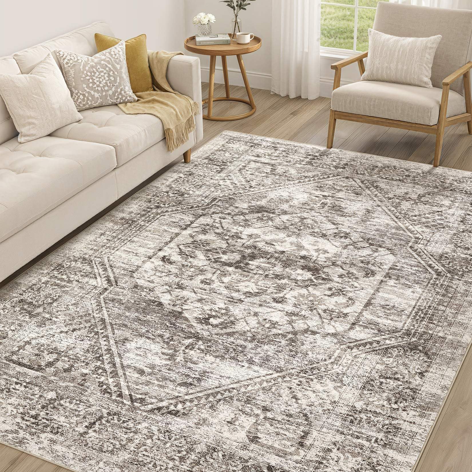 Vintage Living Room Area Rug 5x7 - Large Soft Washable Oriental Traditional Distressed Farmhouse Rugs for Bedroom - Indoor Floor Accent Carpet for Home Office House Decor - Distressed Brown
