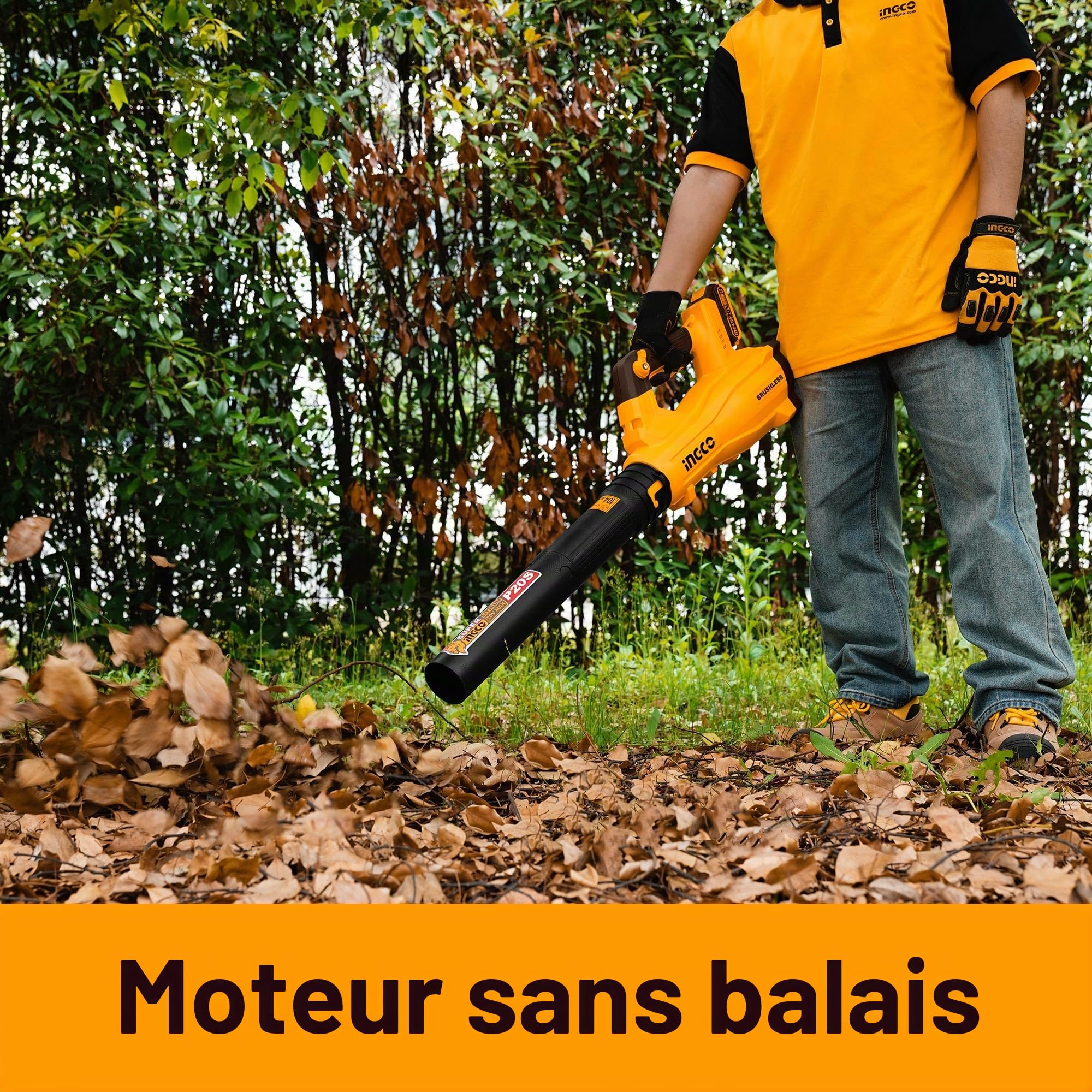 INGCO Souffleur à feuilles sans balais 20 V (corps uniquement) sans fil, vitesse d'air maximale 144 km/h, 18500 tr/min pour l'entretien de la pelouse, le dépoussiérage, le nettoyage des mauvaises