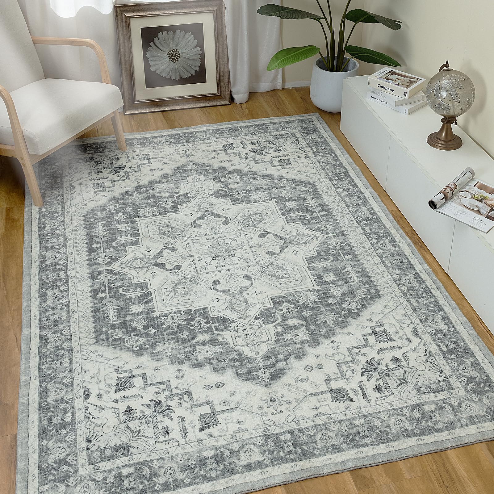 8x10 Area Rugs for Living Room: Washable Large Grey Bedroom Rug with Non-Slip Rubber Backing - Vintage Persian Indoor Floor Carpet for Farmhouse Under Dining Table Home Office