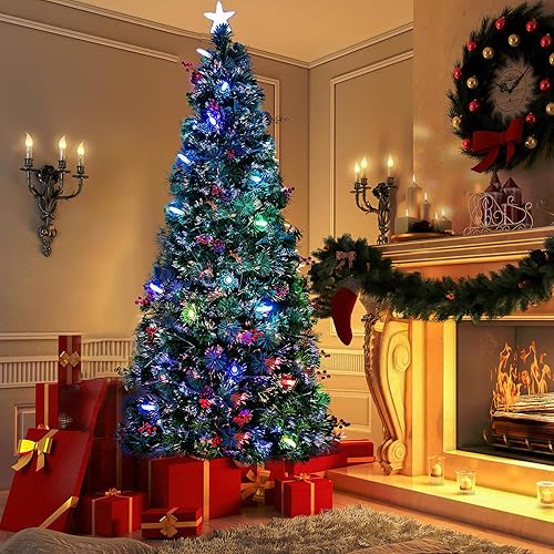 Árbol de Navidad artificial preiluminado de 7.5 pies con luces coloridas y puntas de rama, árboles de Navidad con bisagras de alta calidad con