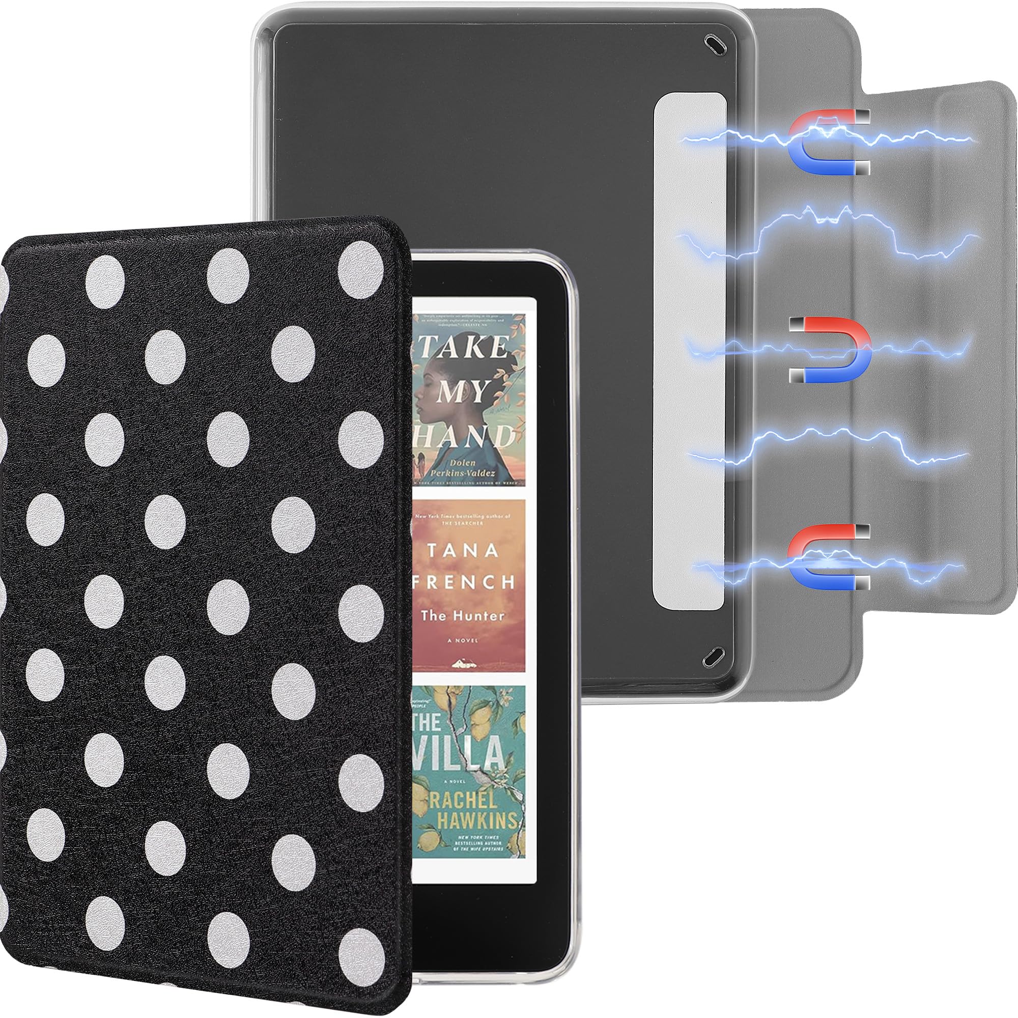 SESENSE Funda magnética desmontable para Kindle Paperwhite de 12ª generación 2024 y Kindle Colorsoft Signature Edition, funda delgada de poliuretano con encendido y apagado automático, lunares blancos