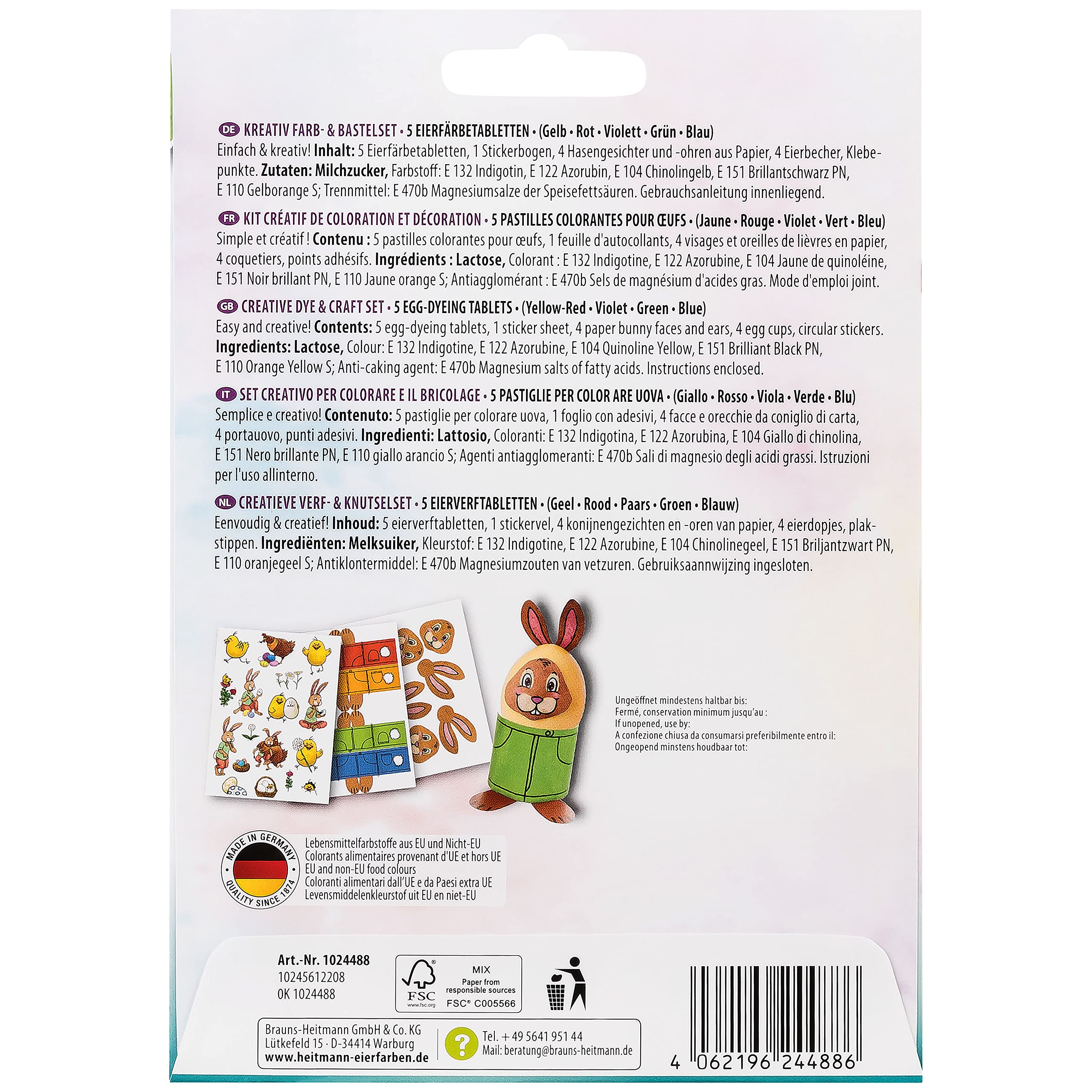 Heitmann Eierfarben Set – 5 Farben, Inkl. Hasen-Gesichter & Sticker, Kreativer Osterspaß Für Familien