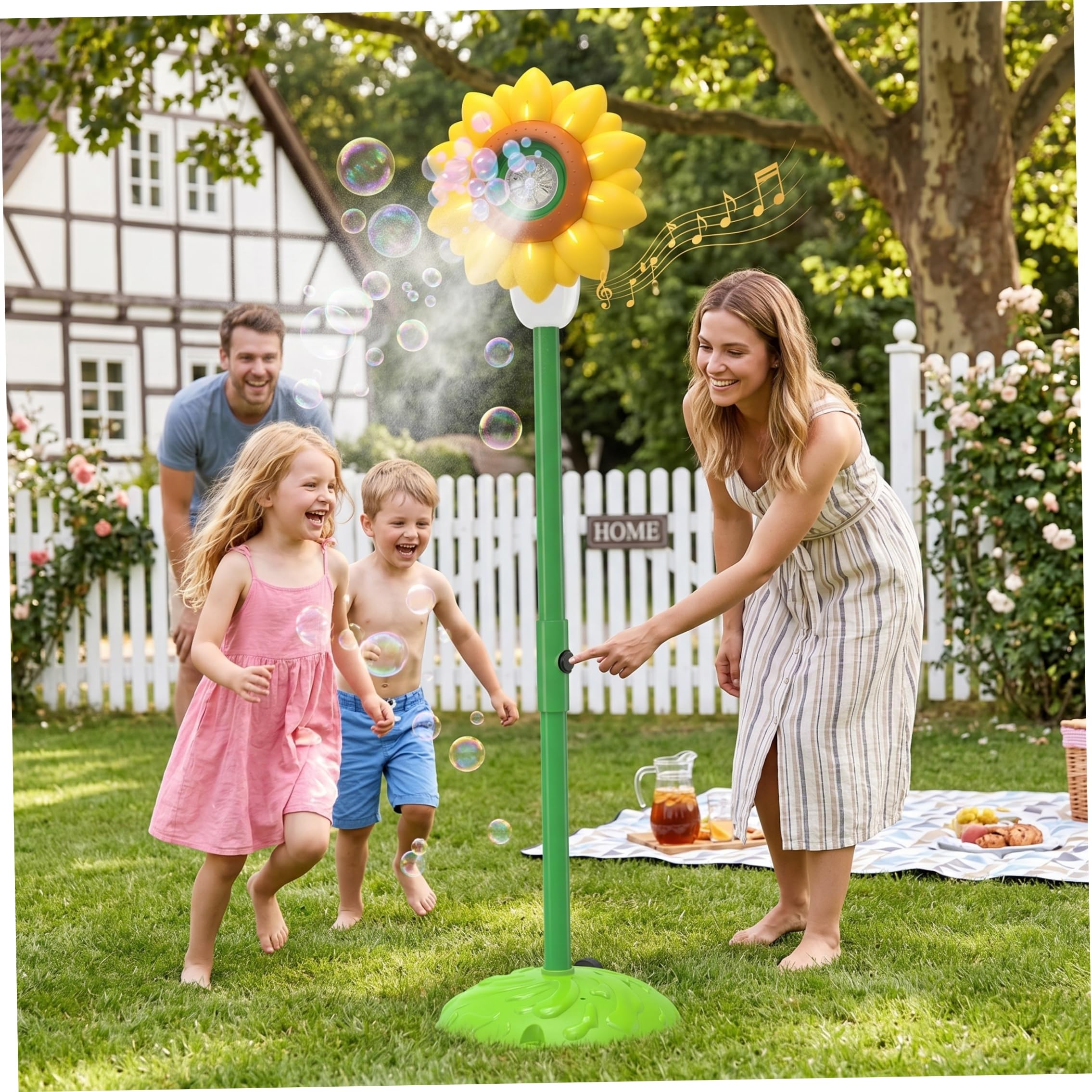 Automatische Seifenblasenmaschine Automatische Seifenblasenmaschine für Kinder, Sonnenblume Stehfackel mit Spray, Lichtern & Musik Gelb