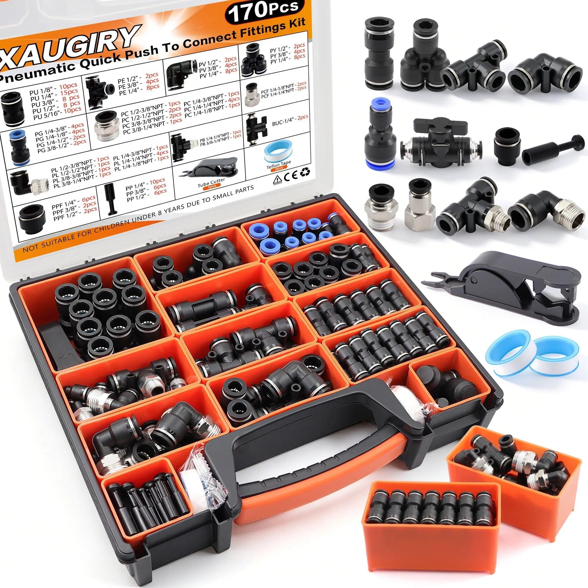 170Pcs Push to Connect Fittings Kit,1/4"5/16"1/2"3/8"1/8"OD Air Fittings