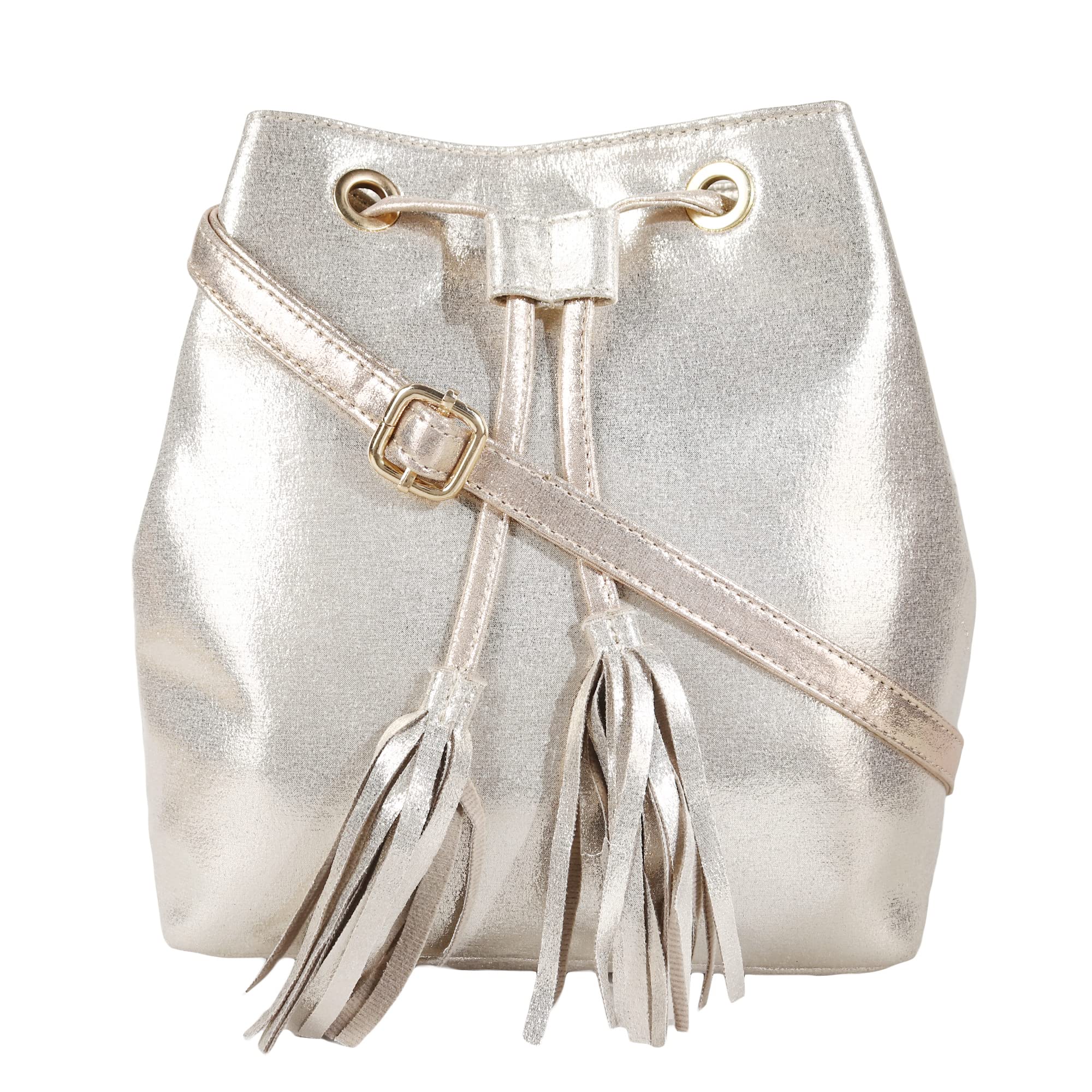 Antin Dull Gold Color Textured Faux Leather Sling/Bucket Bags With Double Tassels and adjustable shoulder strap Wear As Shoulder Bag (B09MYL5XVV) Amazon Price History, Amazon Price Tracker