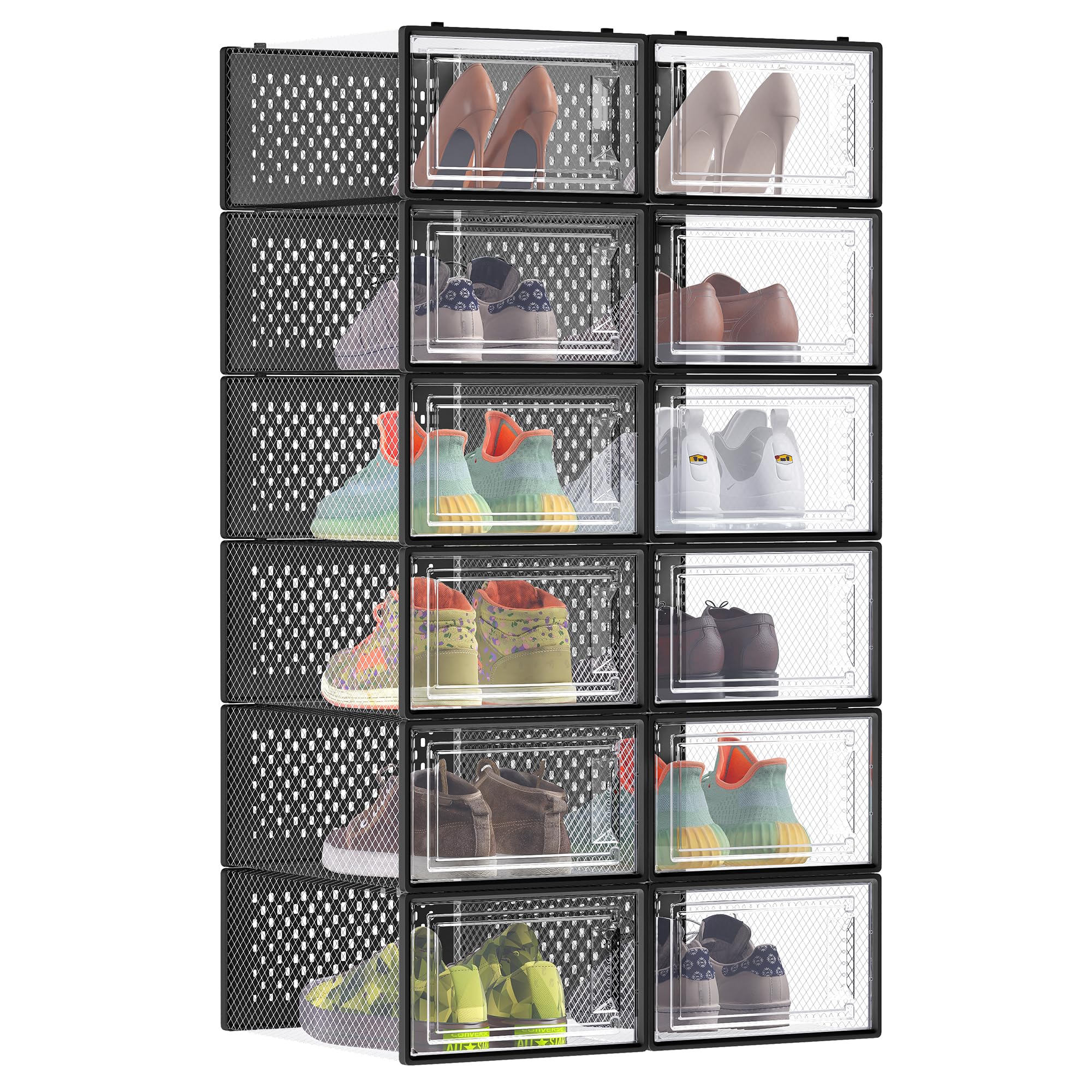 SONGMICS Shoe Boxes, Pack of 12 Stackable Shoe Storage Organisers, Foldable and Versatile for Sneakers, Fit up to UK Size 8, Transparent and Black LSP006B12