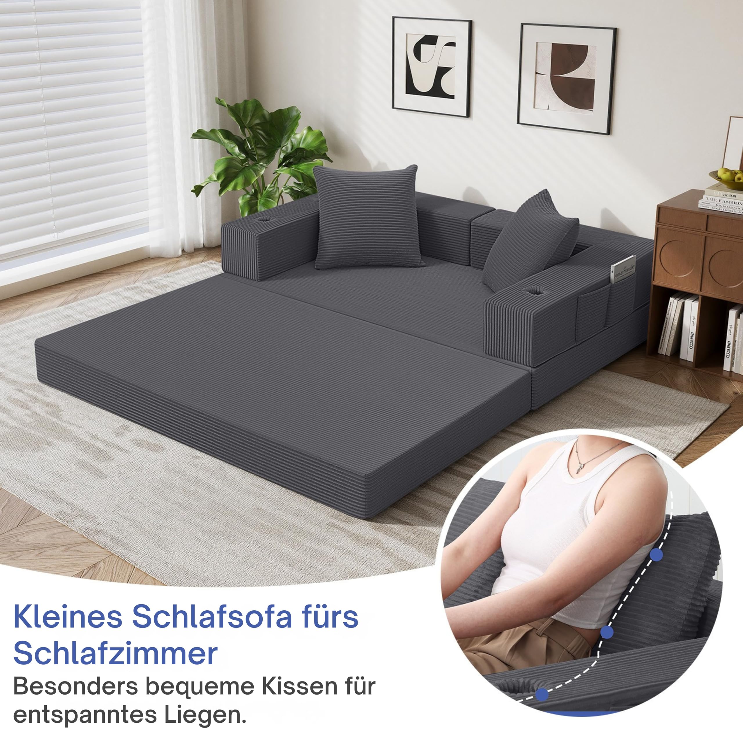 MeMoreCool 4-in-1 Boneless Couch, Umwandelbares Schlafsofa mit Armlehnen, Faltbare Matratze und Schlafsessel, Bequemes Schlafcouch für Wohnzimmer und Schlafzimmer als Lounge oder Gästebett