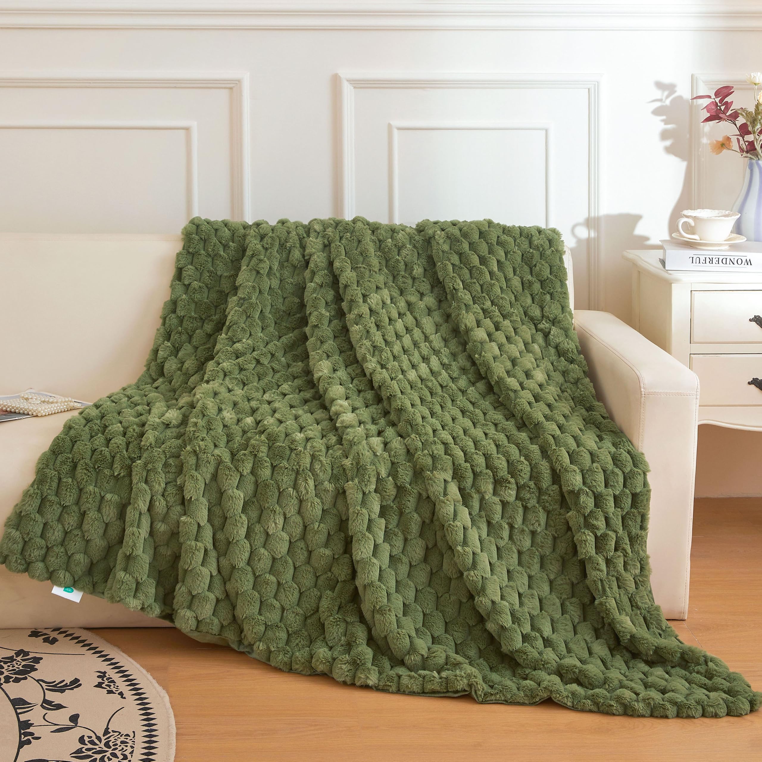 XeGe 3D Bubble Fluffy Faux Rabbit Fur Throw Blanket 130x150cm, Sage Green
