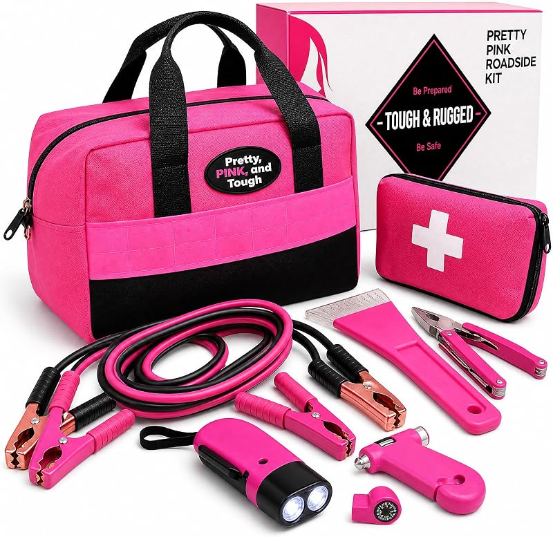 Kit de Emergência Automotiva Pretty Pink Gears Out com Cabos de Transferência e Ferramentas – 12 peças