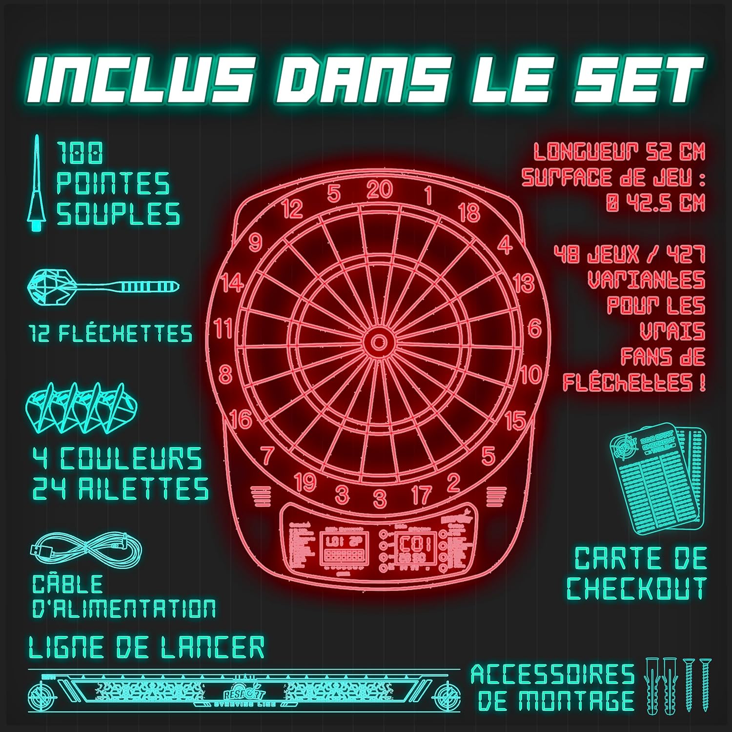 RE:SPORT® Cible de fléchettes électronique professionnelle avec 12 flèches + 24 ailettes Pro + 100 pointes de fléchettes et accessoires | Machine à fléchettes E pour 1 à 8 joueurs avec 427 variantes | — vue 4