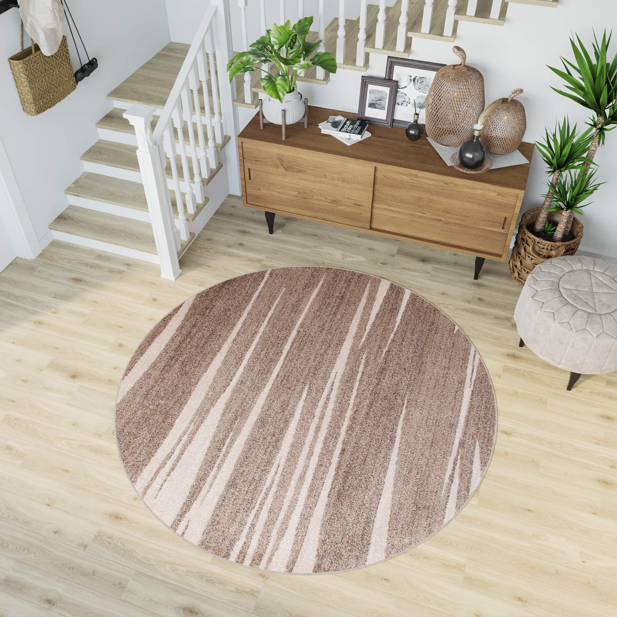 TAPISO Sari dywan okrągły brązowy beżowy nowoczesny paski melanżowy design salon sypialnia Ökotex 150 x 150 cm