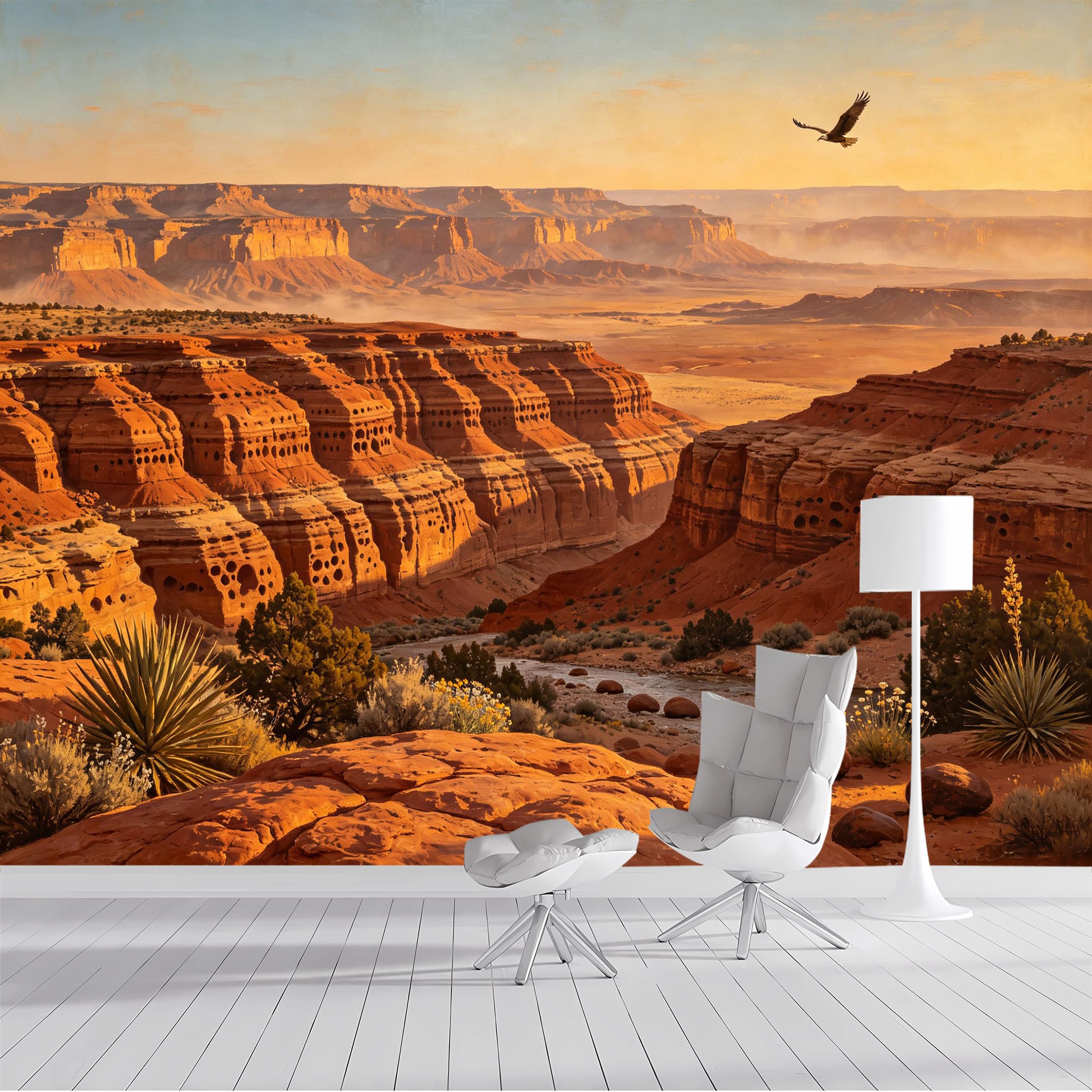 Custom Size Wall Mural Canyon Landscape Eagle Sunset Oil Painting SelfAdhesive Wall Fabric Removable Peel and Stick Wallpaper Wall Decor for Living Room Bedroom Bathroom
