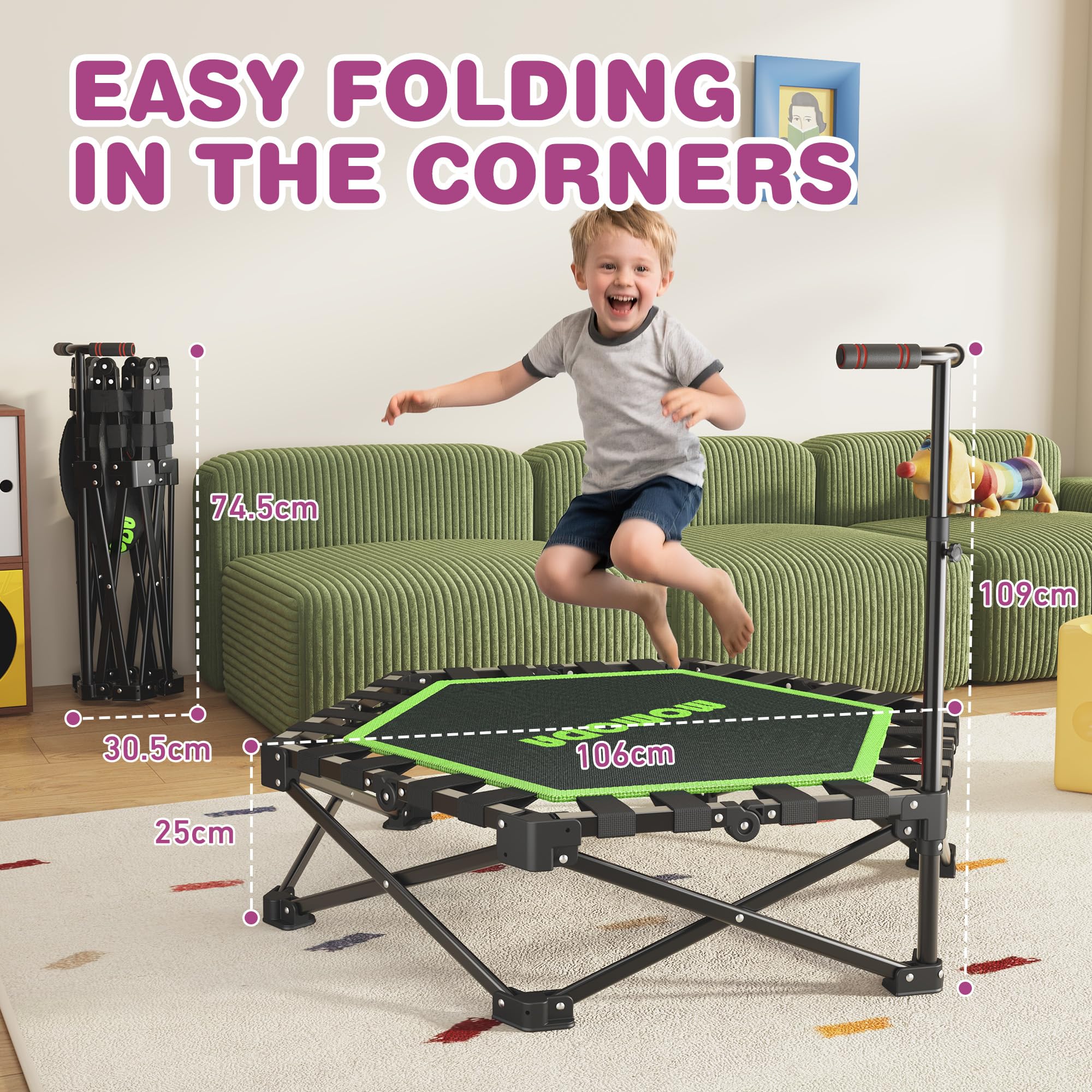MOMODA Mini Trampolino da 76,2 cm/114,3 cm, per Bambini e Adulti, Trampolino Pieghevole con Manico, carico Massimo 90,7 kg