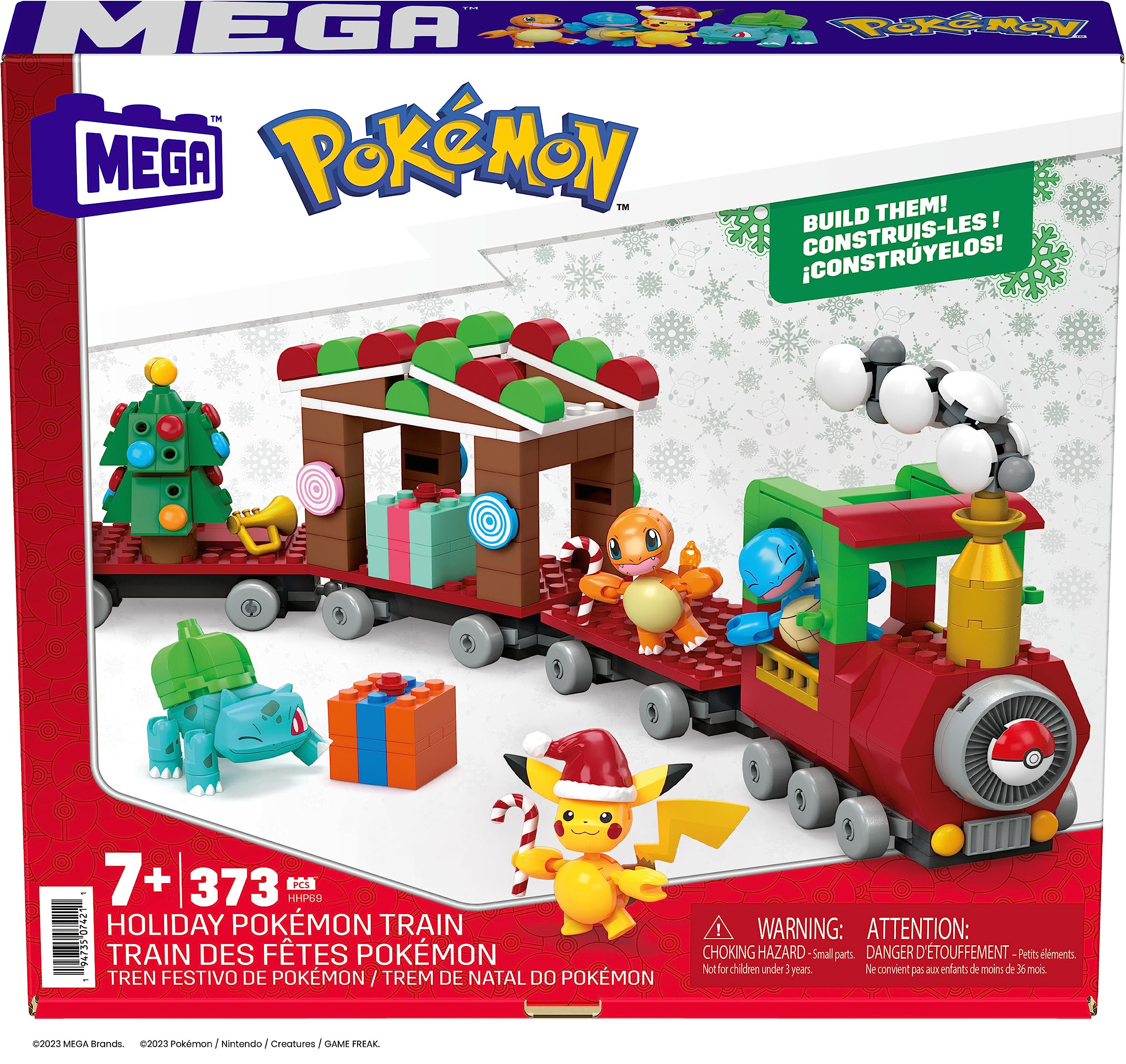 Mega Pokémon Tren Festivo Juguetes de construcción con 4 Figuras articuladas, 373 Piezas, Idea de Regalo para niños y niñas, HHP69