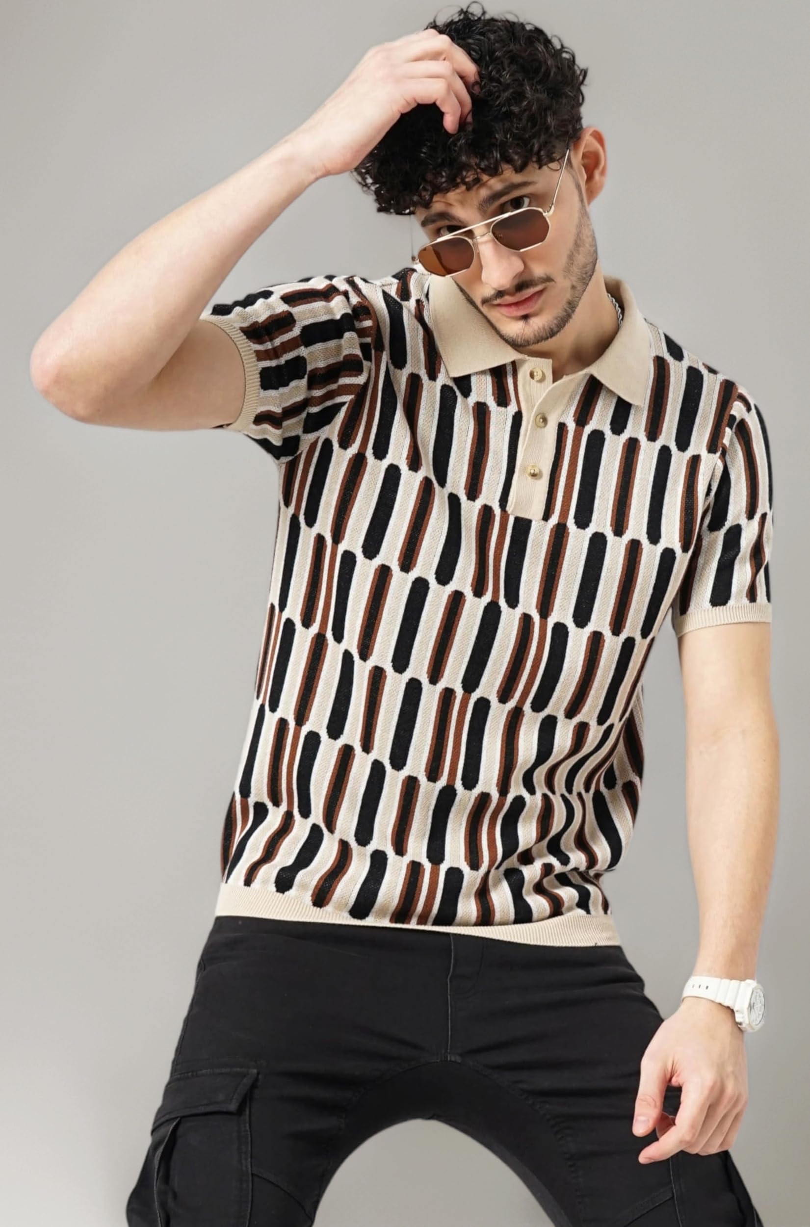 Celio Men Beige Printed Regular Fit Cotton Flat Knit Polo Tshirt