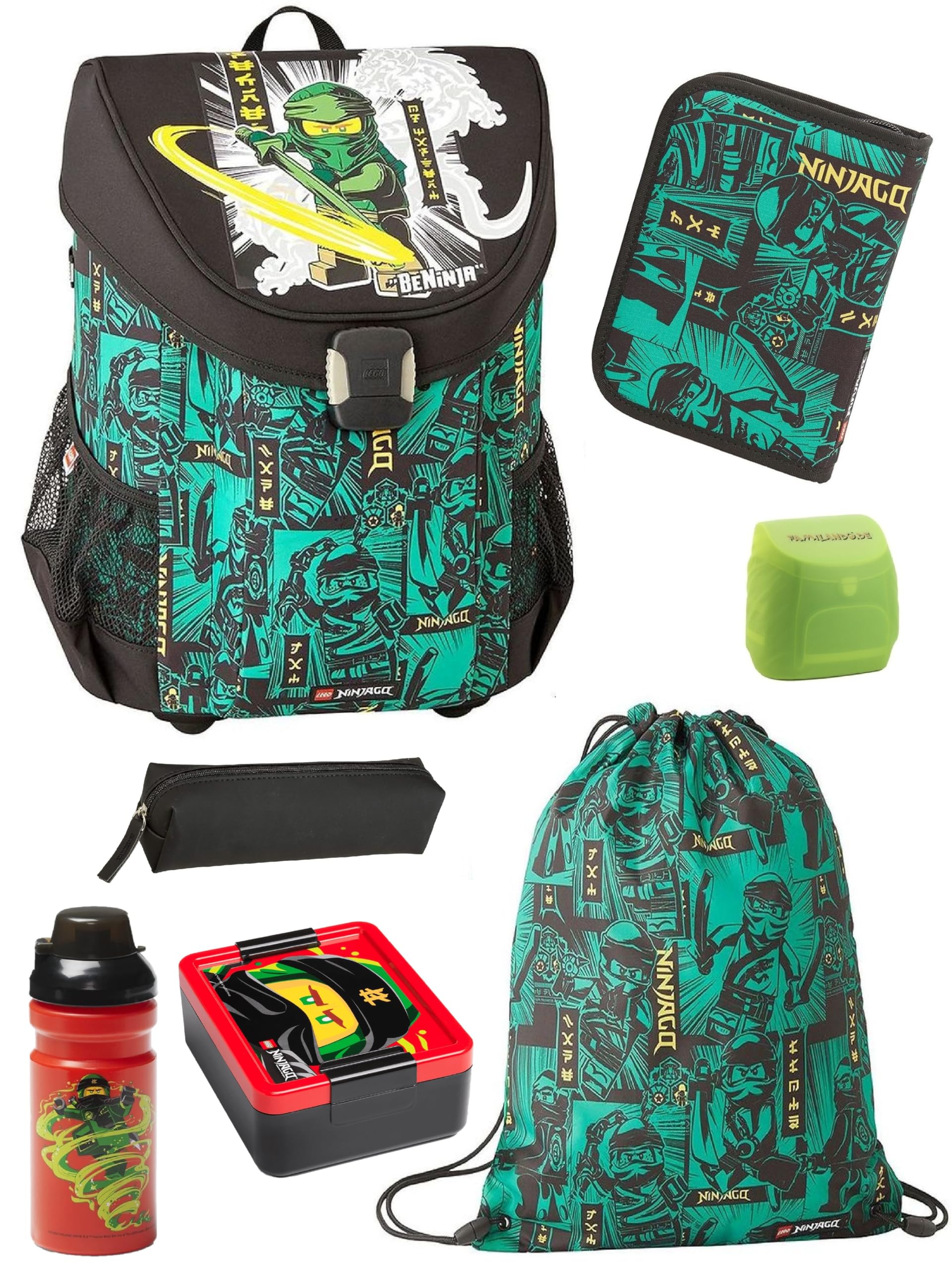 Familando - Schulranzen Set 7-teilig mit Lunch-Set - Lego Easy Green Ninjago - Ergonomisch, stabil & mit gepolstertem Rücken - 790g leicht mit 21L Volumen - mit Reflektoren - Ab 1. Klasse
