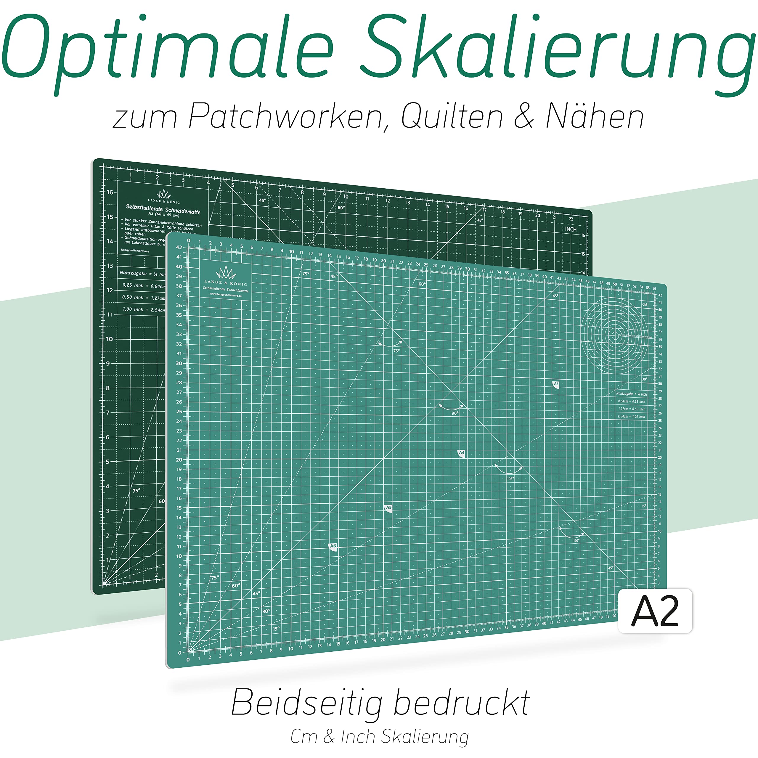 Lange & König Rollschneider Set in 3 Größen [A1, A2, A3] und 5 Farben Inkl. Schneidematte, Rollschneider, 5 Ersatzklingen, Patchwork-Lineal + 20 Stoffklammern als Nähzubehör (Grün, A2 Set)