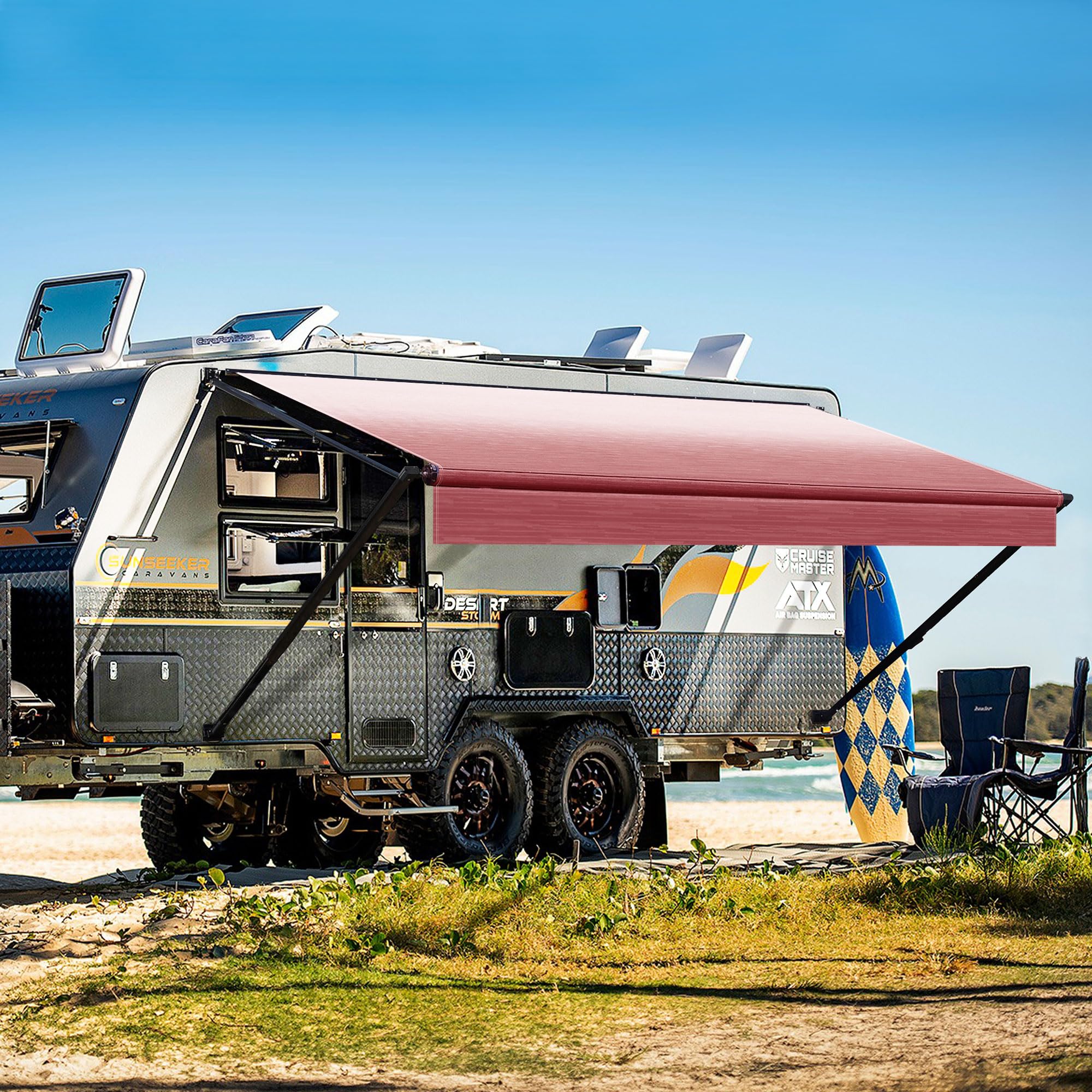 Manual RV Awning Complete Kit Retractable Camper Awning for RV or Trailers RV Roll Out Awning RV Trailer Awning for Camper or 5th Wheel,Toy Haulers,Motohome(17Ft,Black Frame,Burgundy Fade