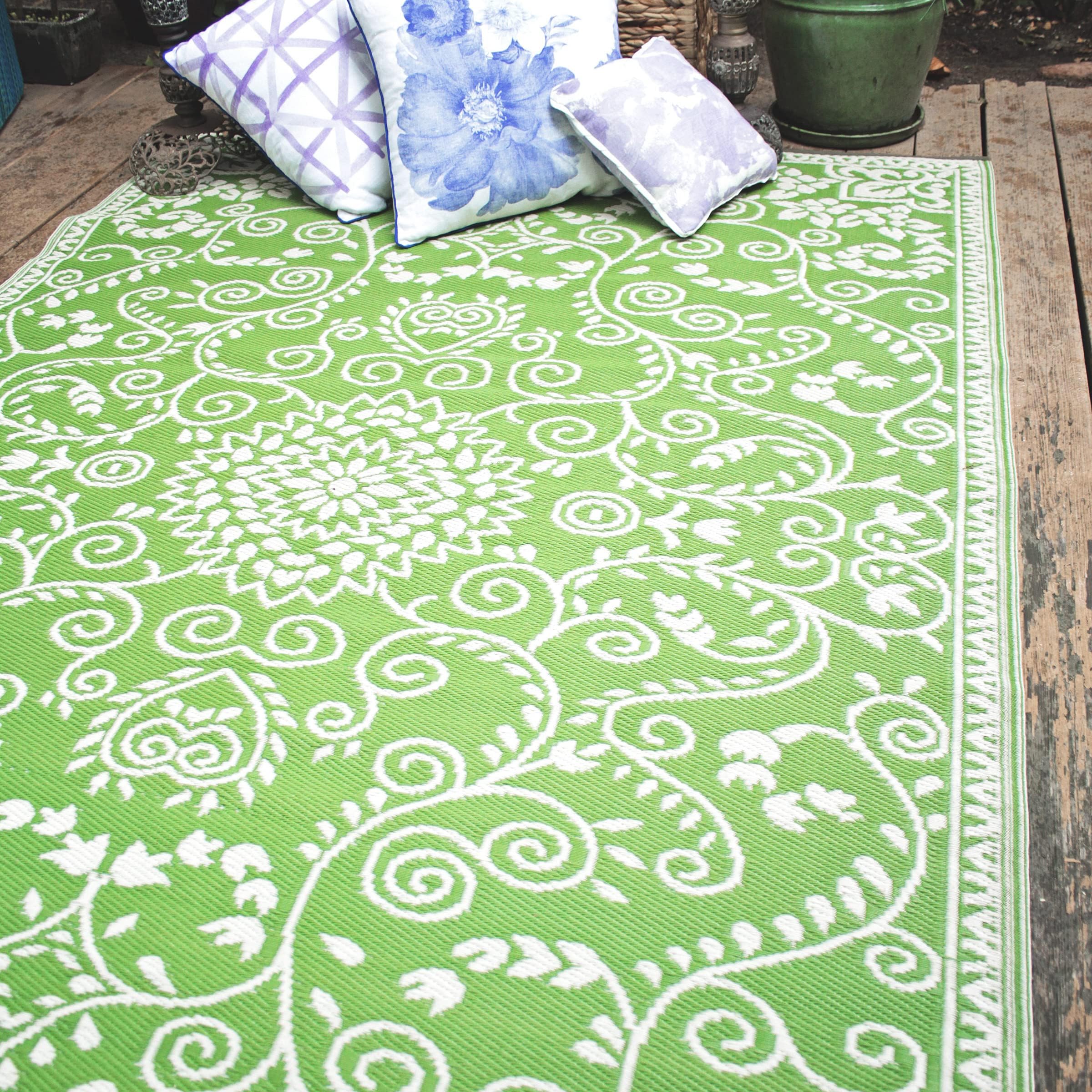 FAB HAB Outdoor Rug - Waterproof, Fade Resistant, Reversible - Premium Recycled Plastic - Persian Floral - Garden, Deck, Patio, Hall, Porch, Laundry Room - Murano - Lime Green & Cream - 120 x 180 cm