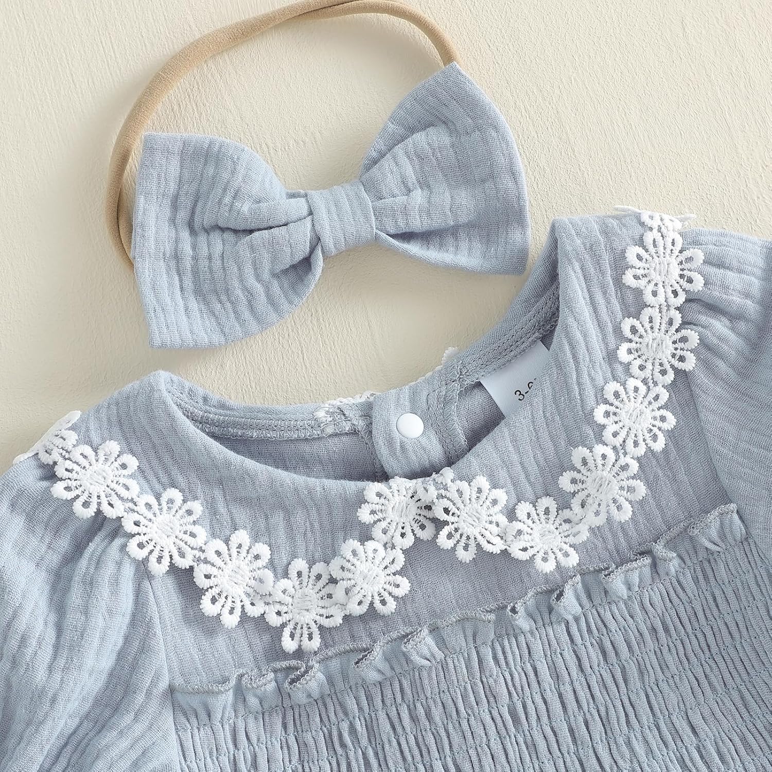 Newborn Baby Girl Bubble Romper Summer Clothes Cotton Linen Short Sleeve Smocked Jumpsuit Headband Infant Outfit - Image 5