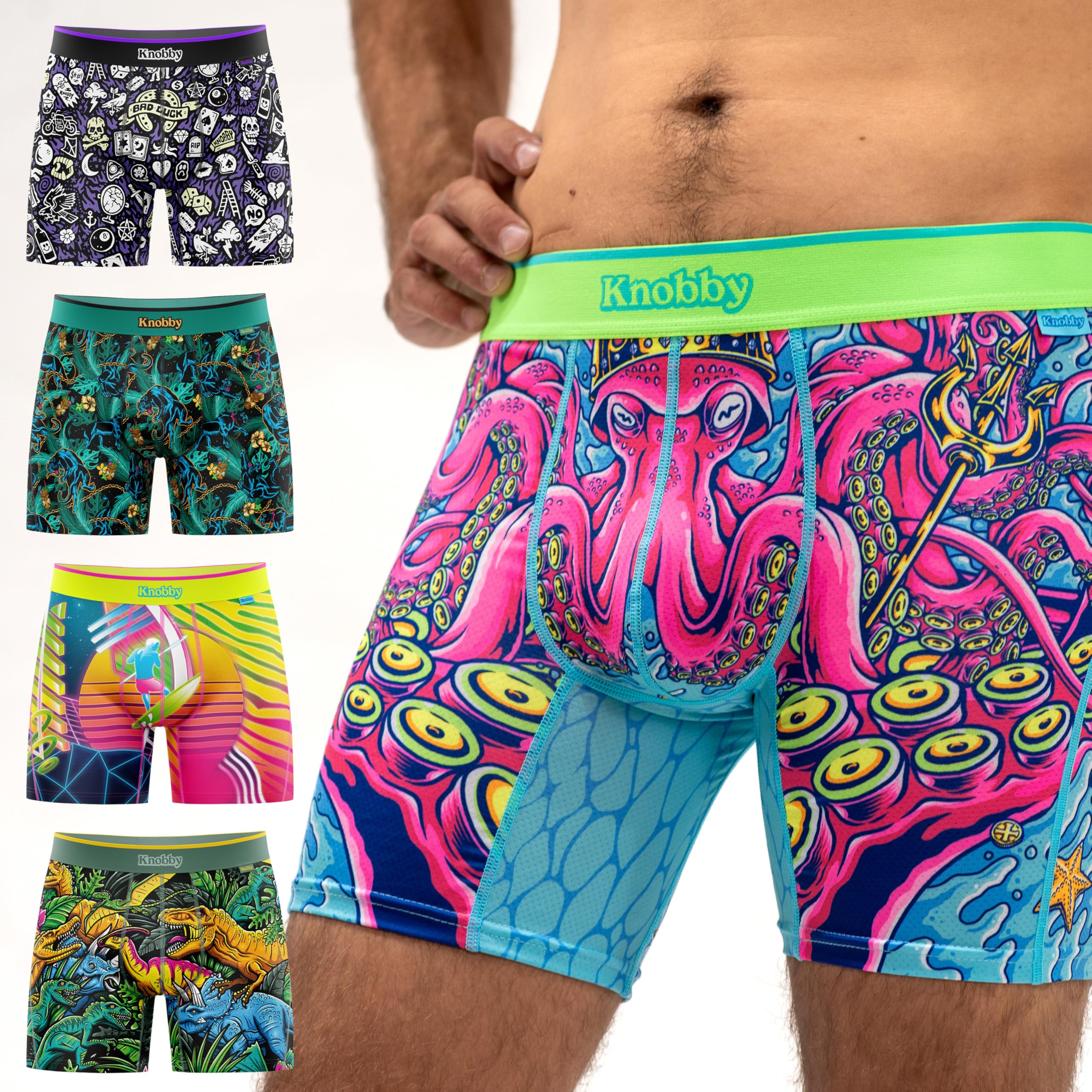 Knobby Mens Boxer Briefs - Flyless Underwear with Pouch and Colorful Designs - Moisture-Wicking Anti-Chafe Fabric