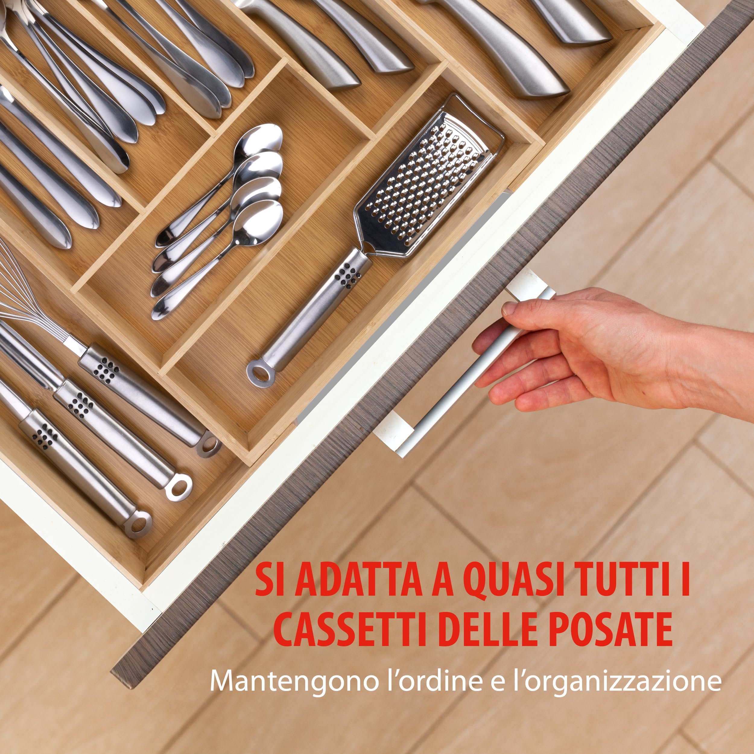 alpina Portaposate da Cassetto - Organizer Casetti Cucina Estensibile 46 x 34-56,5 x 6 cm - Organizzatore Cassetti con 6 a 8 Scomparti - Per Utensili da Cucina, Occhiali da Sole e Altro - Bambù