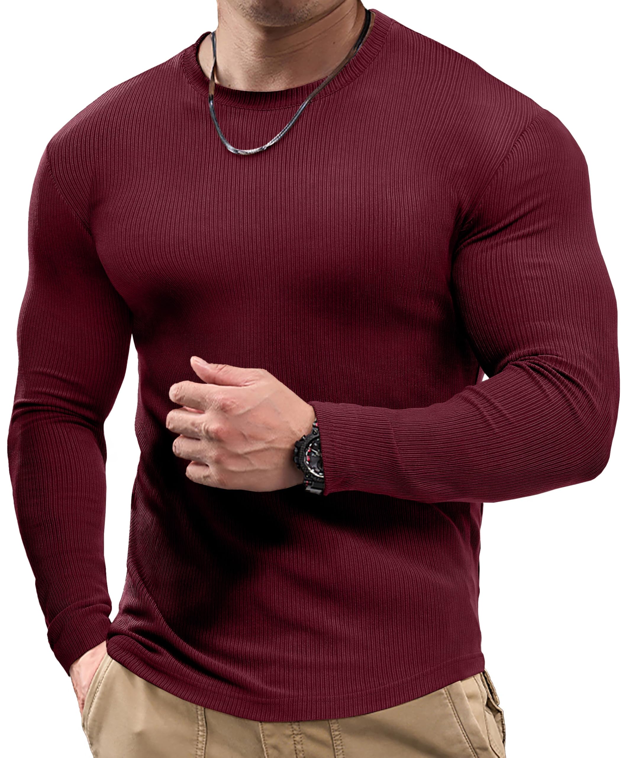JMIERR Mens Muscle Shirt Slim Fitted Long Sleeve Anti-Wrinkle Casual Workout Gym T Shirts Crewneck