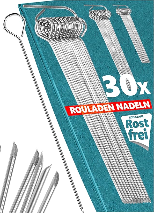 Menz Rouladennadeln, SET – 30 Stück Rouladennadeln Edelstahl rostfrei, 10 cm lange Rouladenspieße mit Grifföse und scharfer Spitze als praktischer Ersatz für Rouladenklammern Menz Rouladennadeln, SET – 30 Stück Rouladennadeln Edelstahl rostfrei, 10 cm lange Rouladenspieße mit Grifföse und scharfer Spitze als praktischer Ersatz für Rouladenklammern