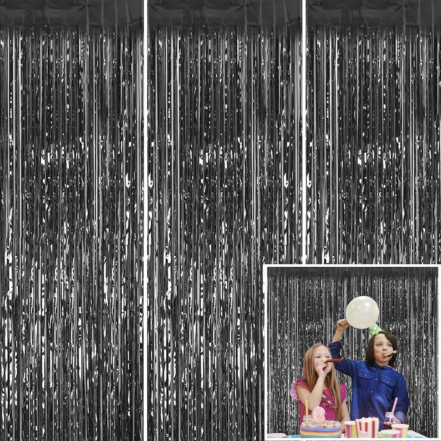 Black Foil Fringe Curtain Backdrop - 3.2 x 8.3 ft Tinsel Fringe Curtains for 2023 Graduation Party Decorations Supplies, Birthday, New Year Eve Party, Halloween Decorations, Baby Shower Decor