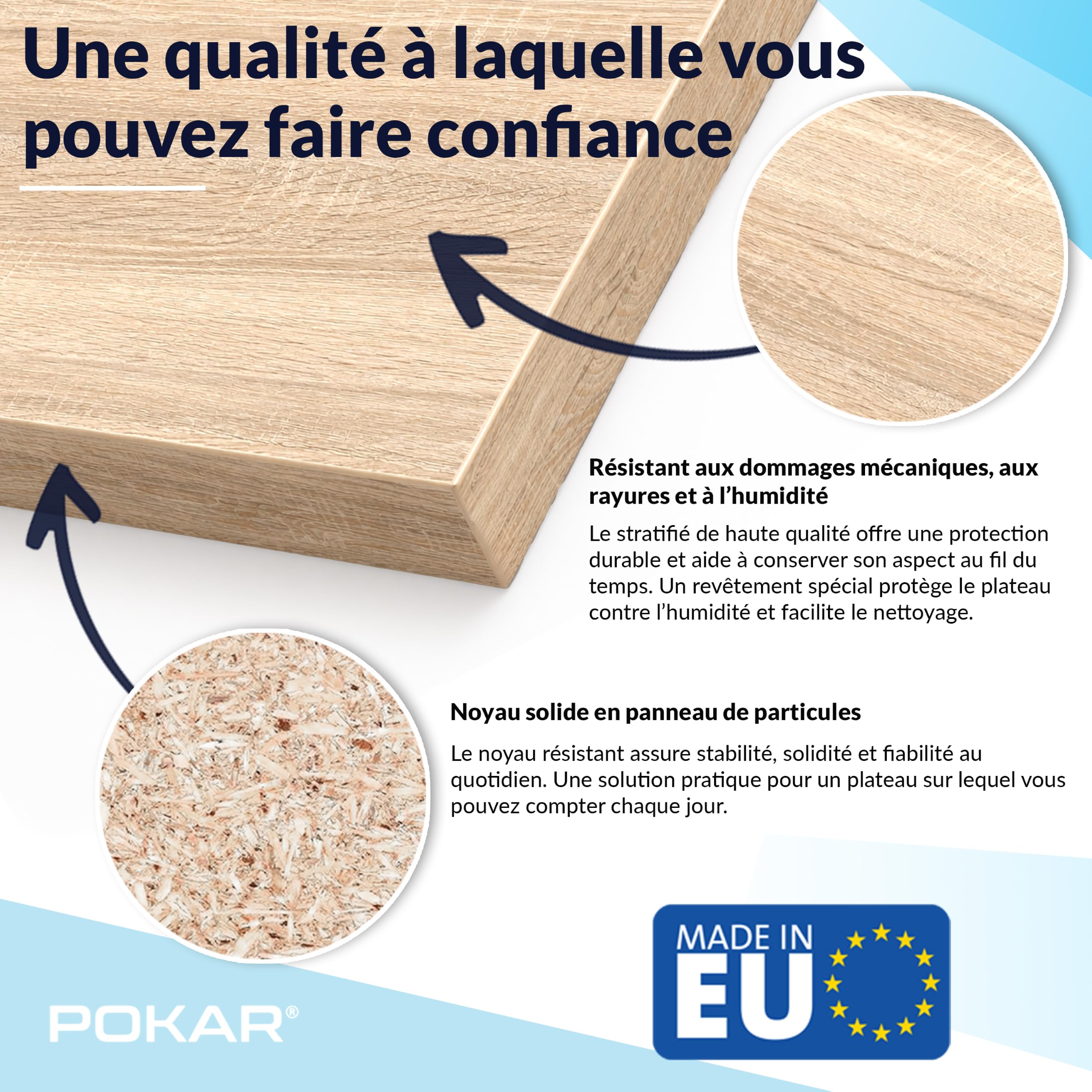 POKAR Plateau de Table 160x60 cm | Plateau de Bureau Épaisseur 25 mm | Idéal pour Bureau Assis Debout Réglable et Table à Manger | Plateau de Table Durable | Fabriqué en Europe | Chêne Davos