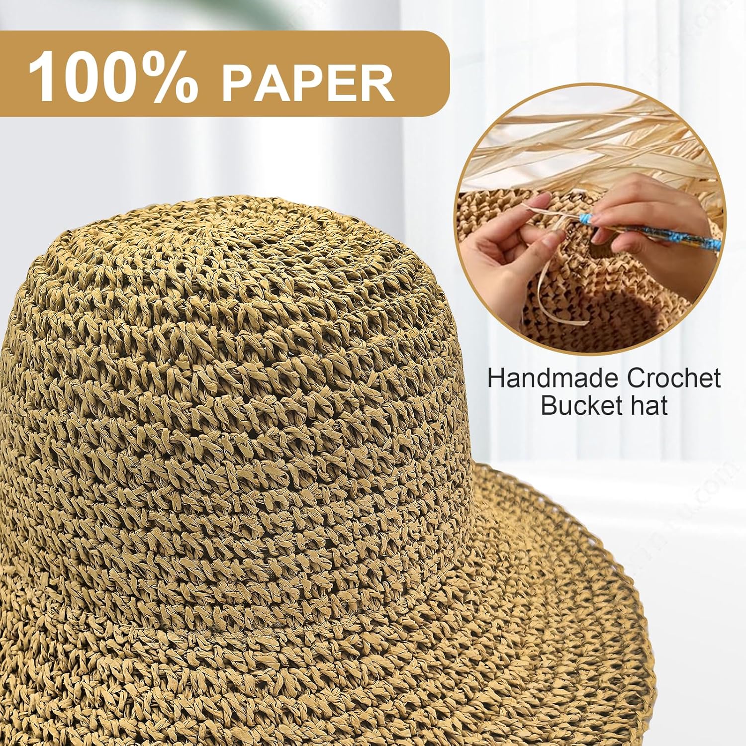 Woven Straw Hat for Women Foldable Summer Beach Hat Wide Brim Floppy Bucket Hat - Image 4