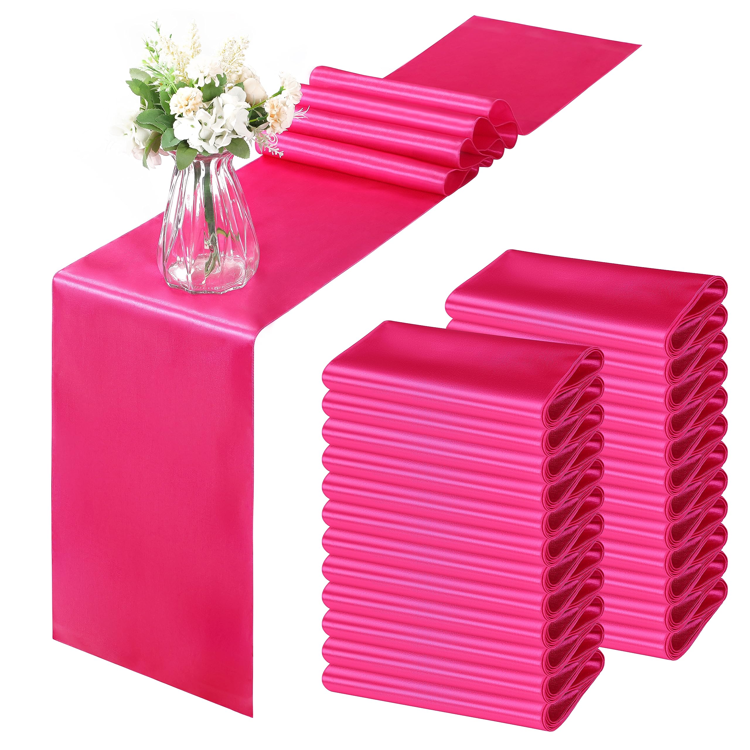 Photo 1 of Horbaunal 24 Pack Hot Pink Satin Table Runner 12 x 108 Inch, Smooth Table Runners for Wedding Banquets Birthday Party