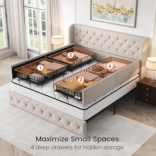 Miniatura 4 de LARMACE - Marco de cama tamaño King con 4 cajones de almacenamiento y cabecera tapizada con botones, cama de plataforma tapizada en lino con