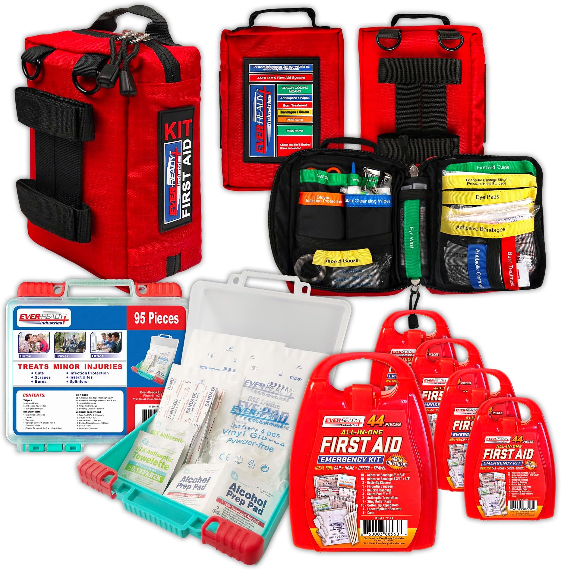 Every-Ready Industries Ultimate First Aid Bundle: Full Family Pack of 6 Kits, Including 4 Compact Mini Kits, a Resilient Outdoor/Workplace Kit That Exceeds ANSI Standards Plus an All-Purpose Home Kit