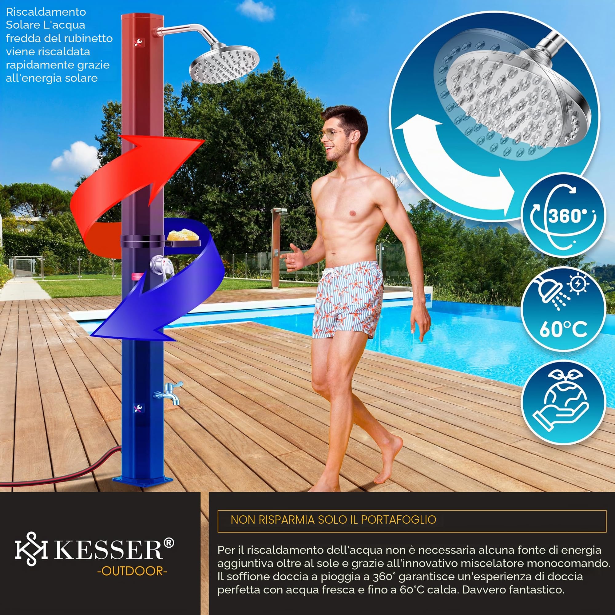 KESSER® Doccia solare da giardino da 60 l, doccia solare per giardino e piscina, con acqua calda, doccia per piscina senza corrente, soffione doccia a pioggia e rubinetto con connettore per tubo da
