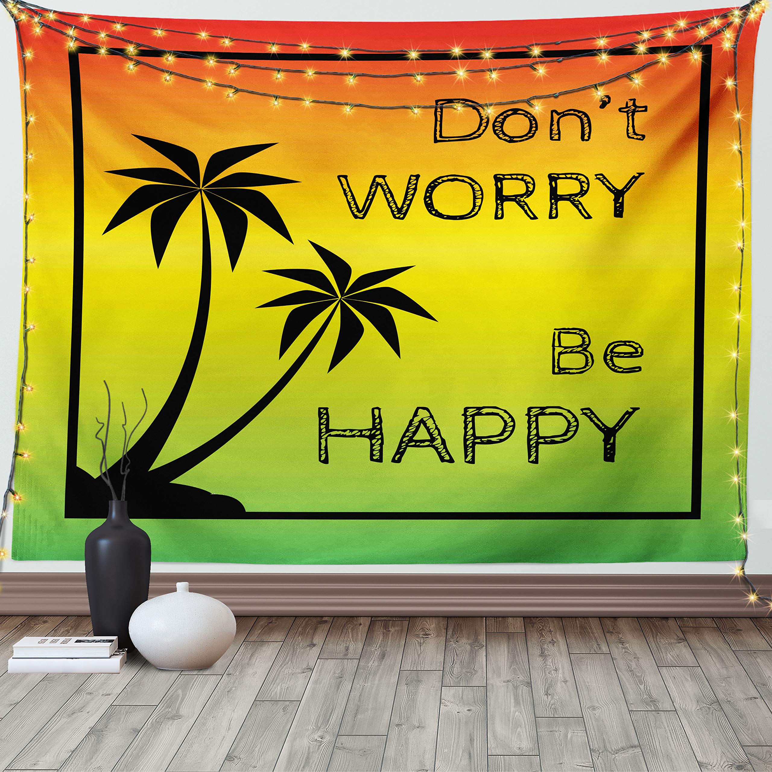 Ambesonne Rasta Tapestry, Dont Worry Be Happy Music Words of Iconic Singer Palms Ombre Colors, Fabric Wall Hanging Decor for Bedroom Living Room Dorm,