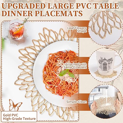 Miniatura 4 de Juego de 6 manteles individuales y posavasos redondos dorados, 12 piezas a granel, manteles individuales de vinilo dorado con hojas, cargadores de