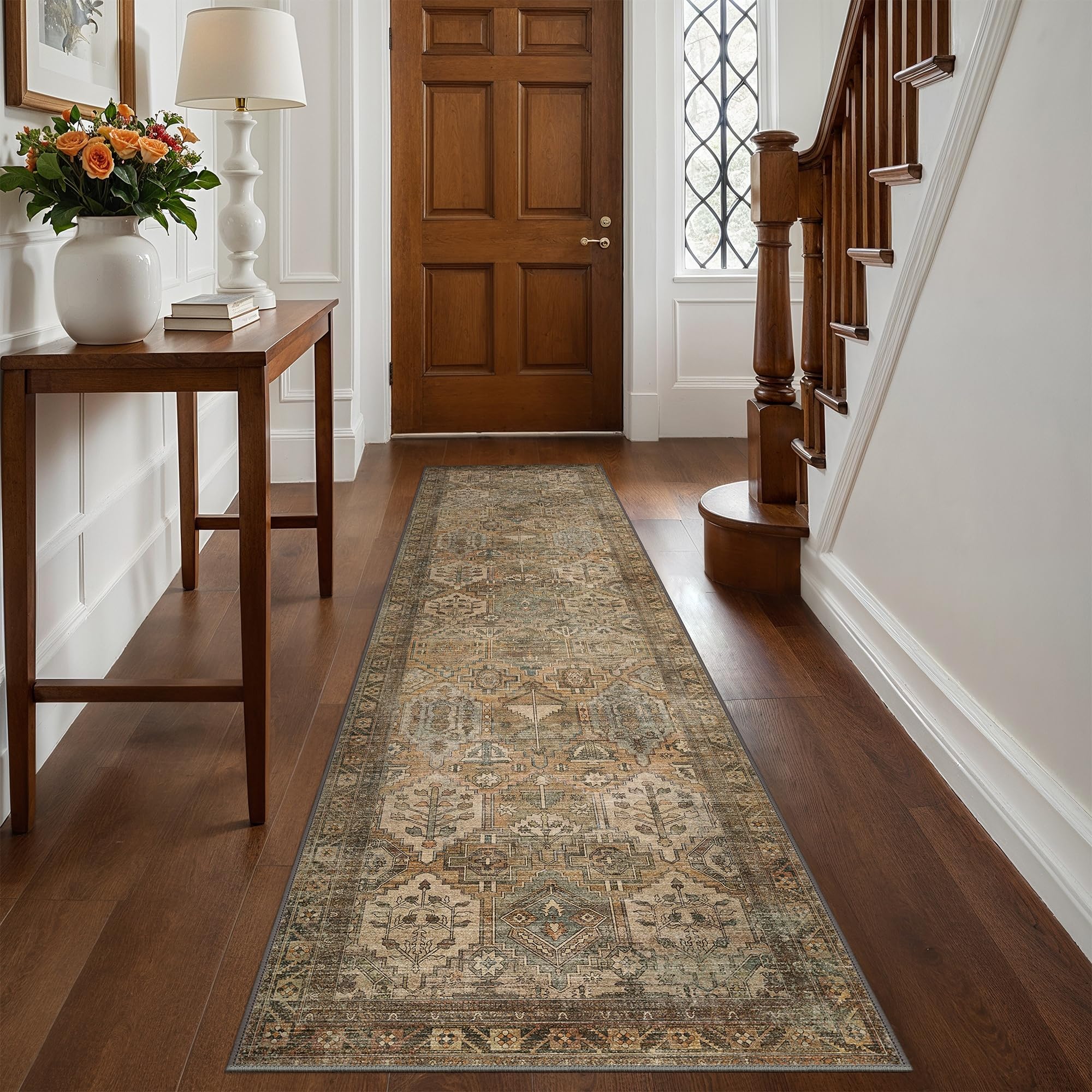 Bavni Runner Rug 2x12 Kitchen Rugs for Hallways Entryway, Washable Vintage Print Carpet, Ultra-Thin Chenille Low Pile Lightweight Rug with Non Slip