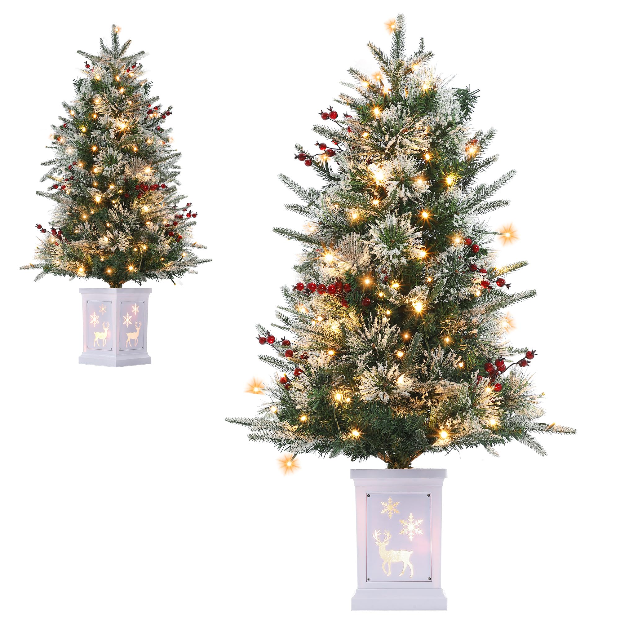 Künstlicher Weihnachtsbaum 125cm – 150 warmweiße & Bunte LEDs, 9 Modi, dichte PVC Zweige, Vintage-Elch-Basis – Weihnachtsdeko für Haus & Büro, inkl. Faseroptik – 4ftH Fiber-Optic Tree-Like Light Box