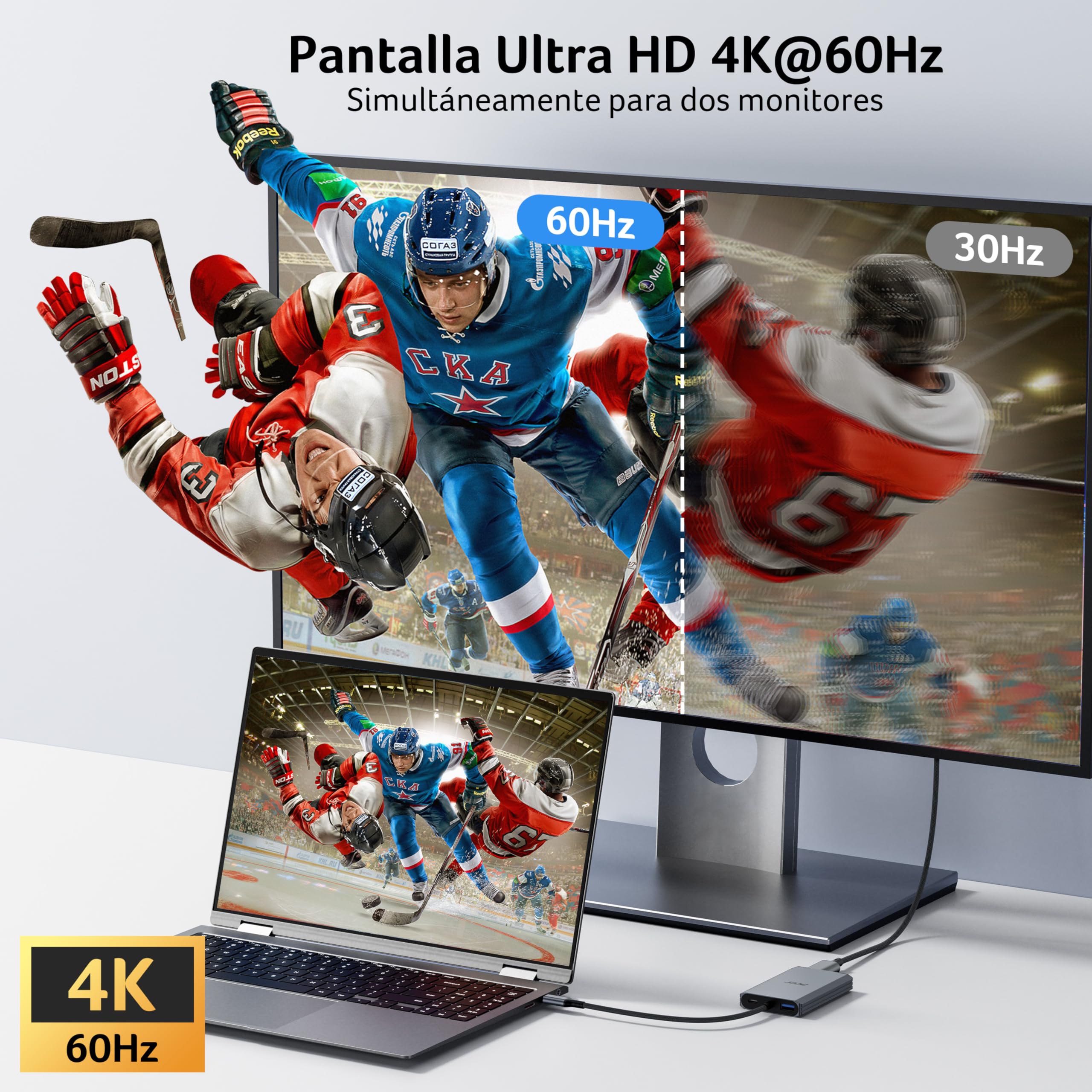 acer Adaptador USB C a HDMI Dual 4K@60 Hz, Adaptador Multipuerto Hub USB C 4 en 1 con PD 100W, USB 3.0, HDMI a USB C para Monitores Duales, Compatible con MacBook Air/Pro, DELL XPS, HP, etc