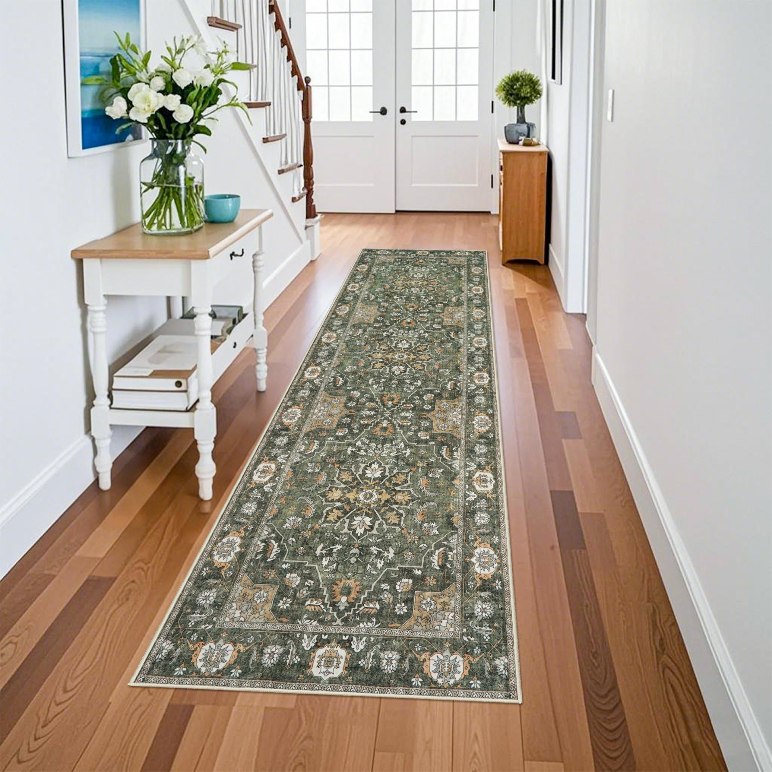 Hallway Washable Runner Rug 3x10 - Kitchen Rugs Low Pile Indoor Farmhouse Carpet Vintage Soft Floral Entryway Rug Runner Non-Slip Rubber Backing Floor