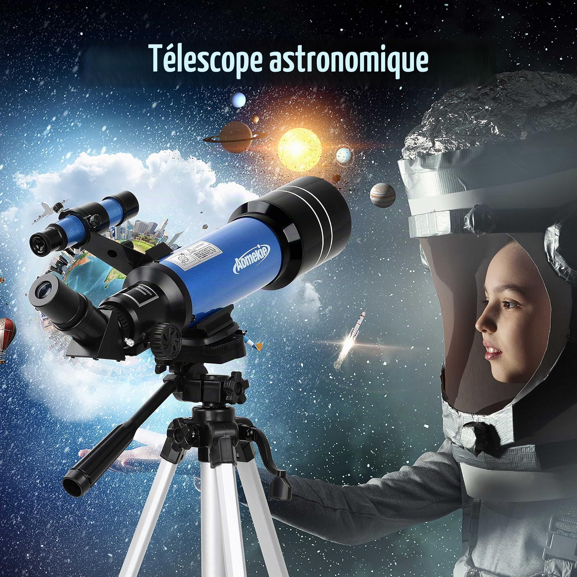 Aomekie Télescope Astronomique Adulte 400/70mm Lunette Astronomique Réfracteur avec Adaptateur de Téléphone Trépied Ajustable et Chercheur pour Débutants (40070 avec Sac)
